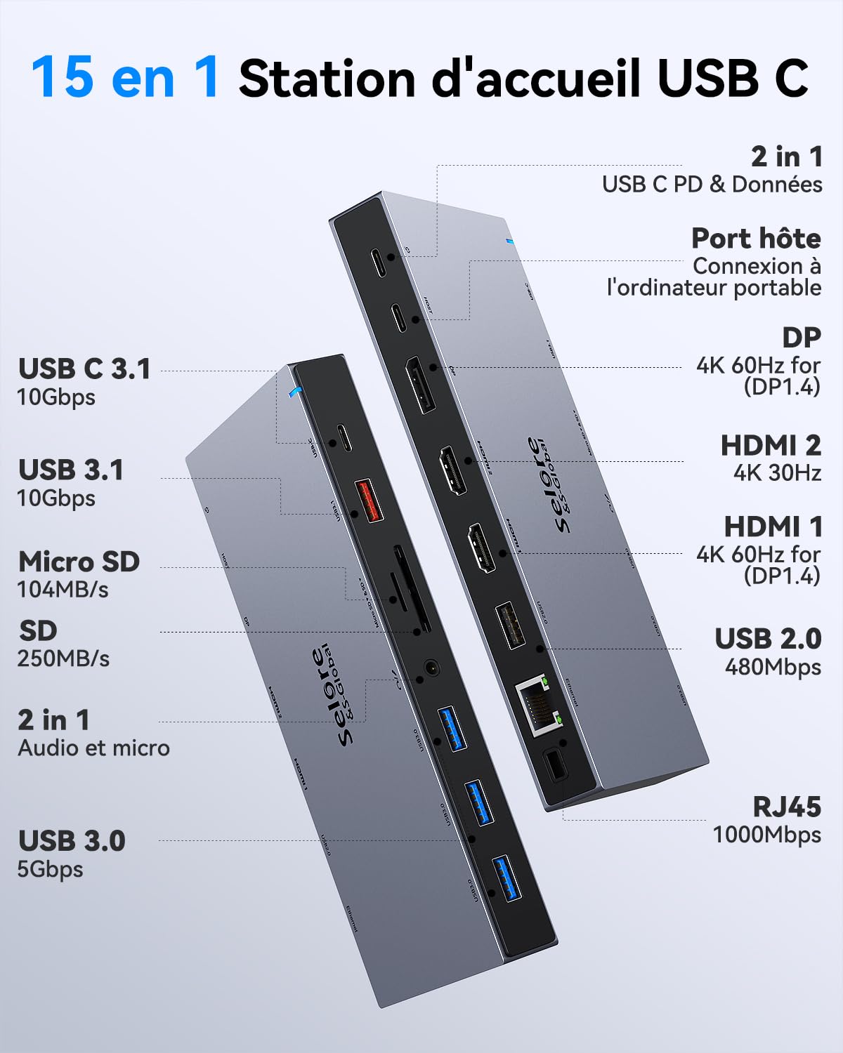 Docking station USB C con alimentazione 65W Dock USB C per computer portatile triplo schermo HUB USB C con doppio HDMI 4K, DP, PD 100W Ethernet, USB C/A 3.1 10Gbps, SD/TF, Audio/Micro