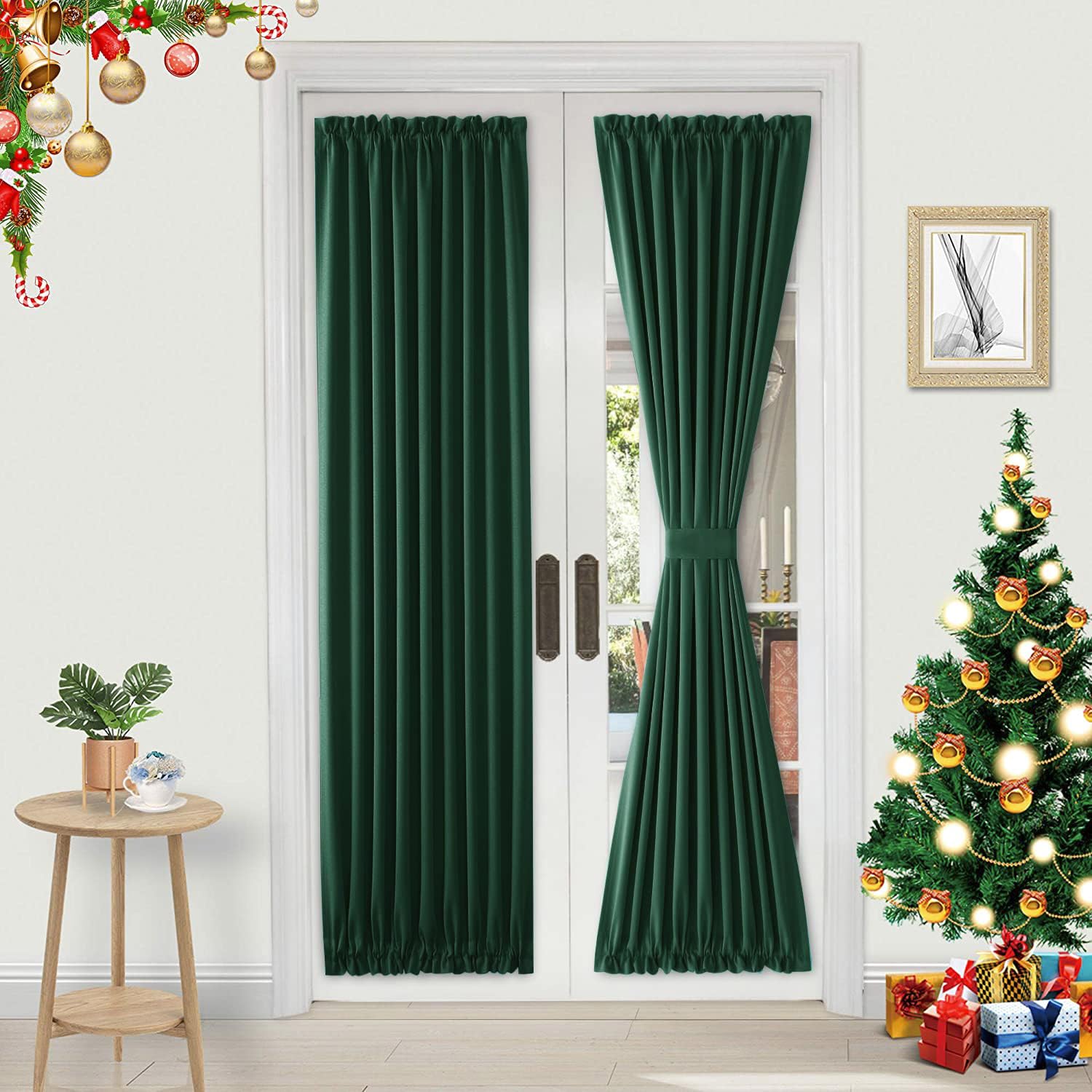 DWCN French Door Curtains โ Rod Pocket Thermal Blackout Curtain for Doors with Glass Window, Kitchen and Patio Doors for Privacy, 36 X 72 Inches Long, 1 Curtain Panel with Tieback,Hunter Green โ image 1