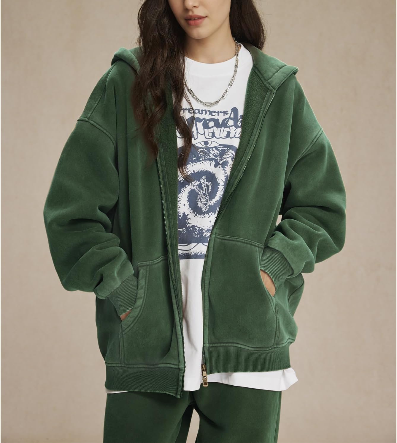 Womens Double Zip Up Hoodies Oversized Heavyweight Fleece Sweatshirt Acid Wash Hoodie Vintage Distress Cotton Jacket - Image 2