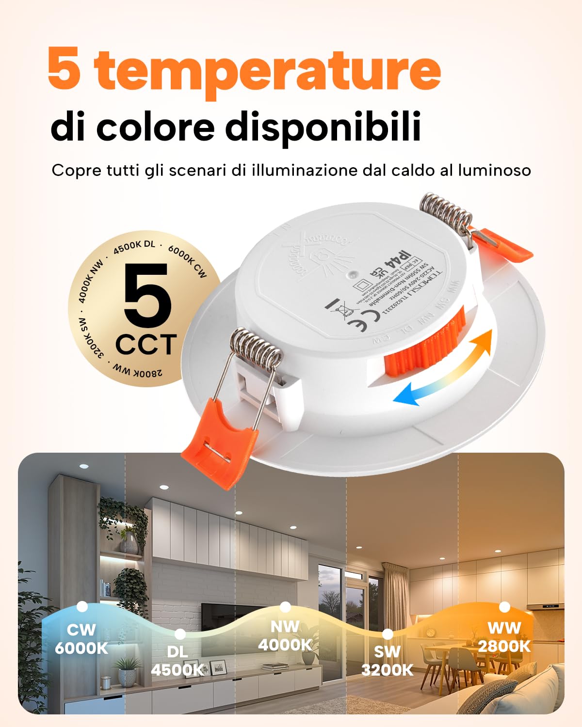 Tomosu 5 Temperature di Colore Faretti Led Soffitto Incasso 68mm, 5W,IP44 | Set di 20, Foro 68-80mm, Luce Calda, Naturale e Fredda da 2800K a 6000K, 5W 550LM IP44 Faretti LED Soffitto per Bagno