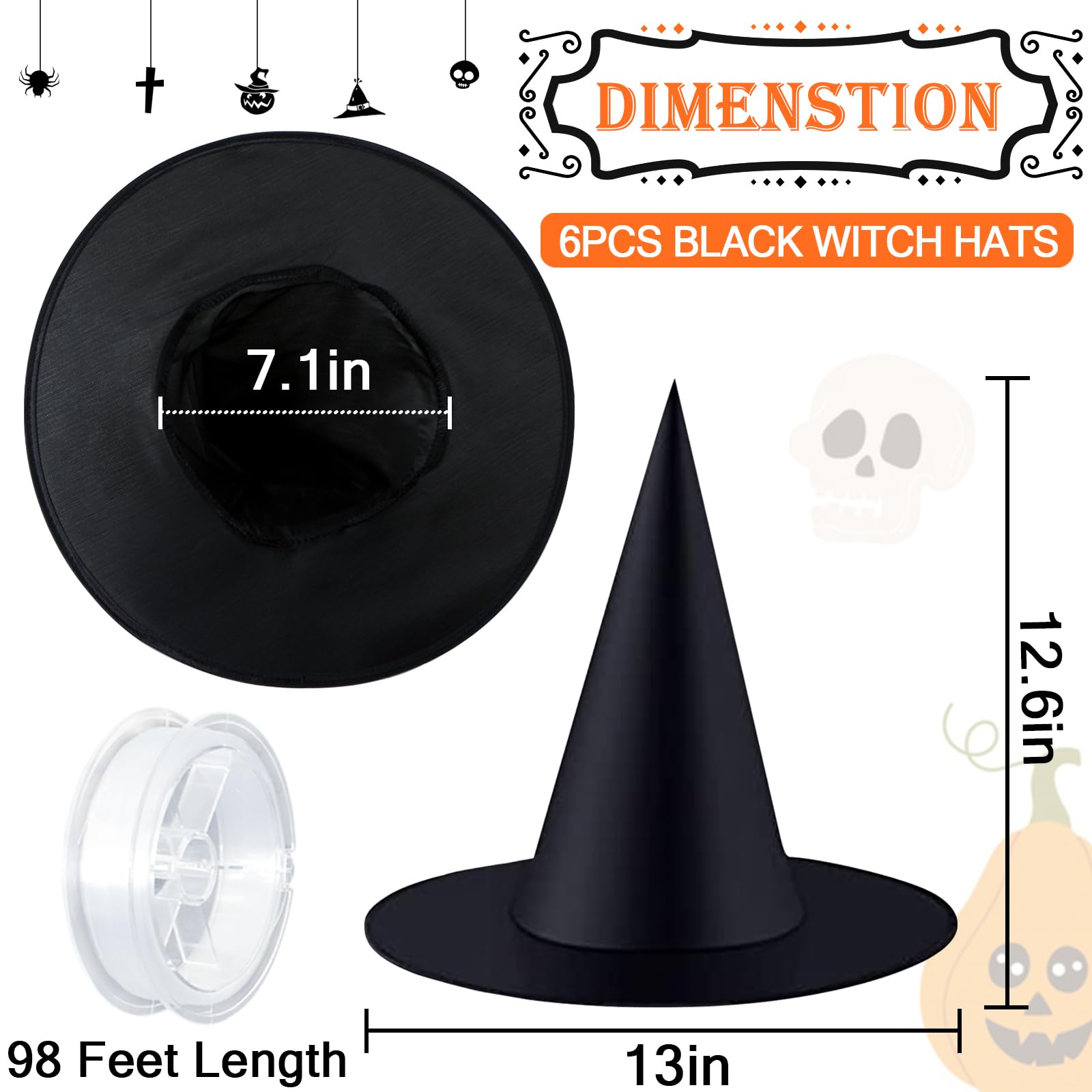 Halatool 6 Pieces Witch Hats Halloween Party Favors, Indoor Outdoor Costume Accessories Hanging Black Witch Hat with 98 Feet Hanging Rope for Halloween Party Decoration