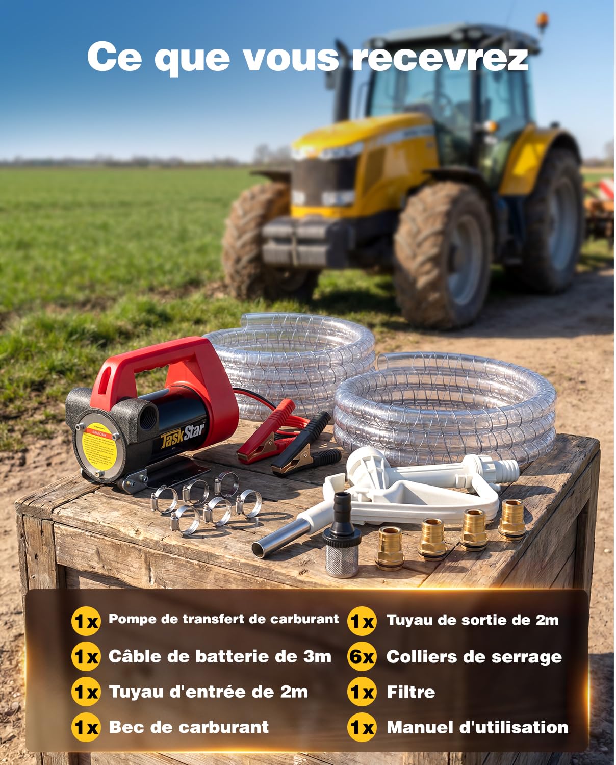 TaskStar Pompe à Gasoil 12V: Débit 50 L/min, Pompe Électrique Portable avec Pistolet, Filtre et Tuyaux pour Diesel, Biodiesel, Kérosène et Fioul – Pour Maison, Ferme et Chantier