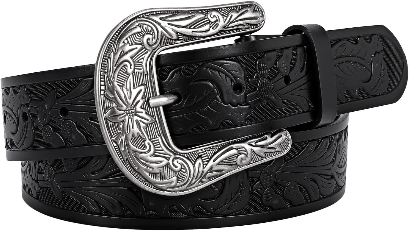 BELTROAD Western Leather Belt for Women Men 1.5" Embossed Country Belt Leather Cowboy Buckle Belts for Jean Vintage Belt Gift