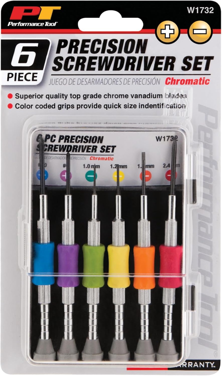 Performance Tool W1732 Precision Screwdriver Set with Color Coded Grips, Brass Handles, Chrome Vanadium Blades, and Reusable Storage Case, 6-Piece