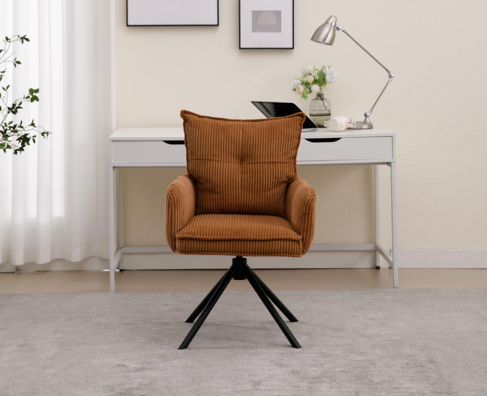chairus Poltrona da Salotto Girevole Poltrona da Scrivania in Tessuto Poltroncina Imbottita Moderna con Gambe in Metallo Senza Rotelle Poltroncina per Camera da letto/Ufficio, Marrone