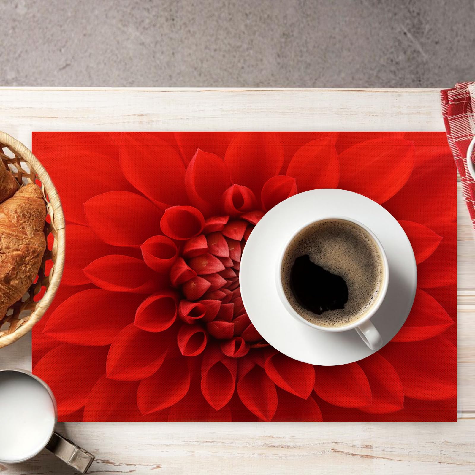 Set di 8 Tovagliette Americane Lavabili Cotone Lino Arte - Tovaglietta Americana Resistenti al Calore Durevole Petali di dalia rossa - per Colazione Pranzo 30×45 cm
