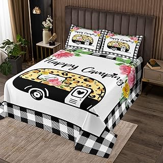 Erosebridal Happy Camping Quilt Set Queen for Boys Girls Kids, Camping Car Flowers Bedspread Set Rv Cartoon Painted Bedding 3 Pcs Sweet Camper Decor, Rustic Farmhouse Buffalo Checkered Bedding Set