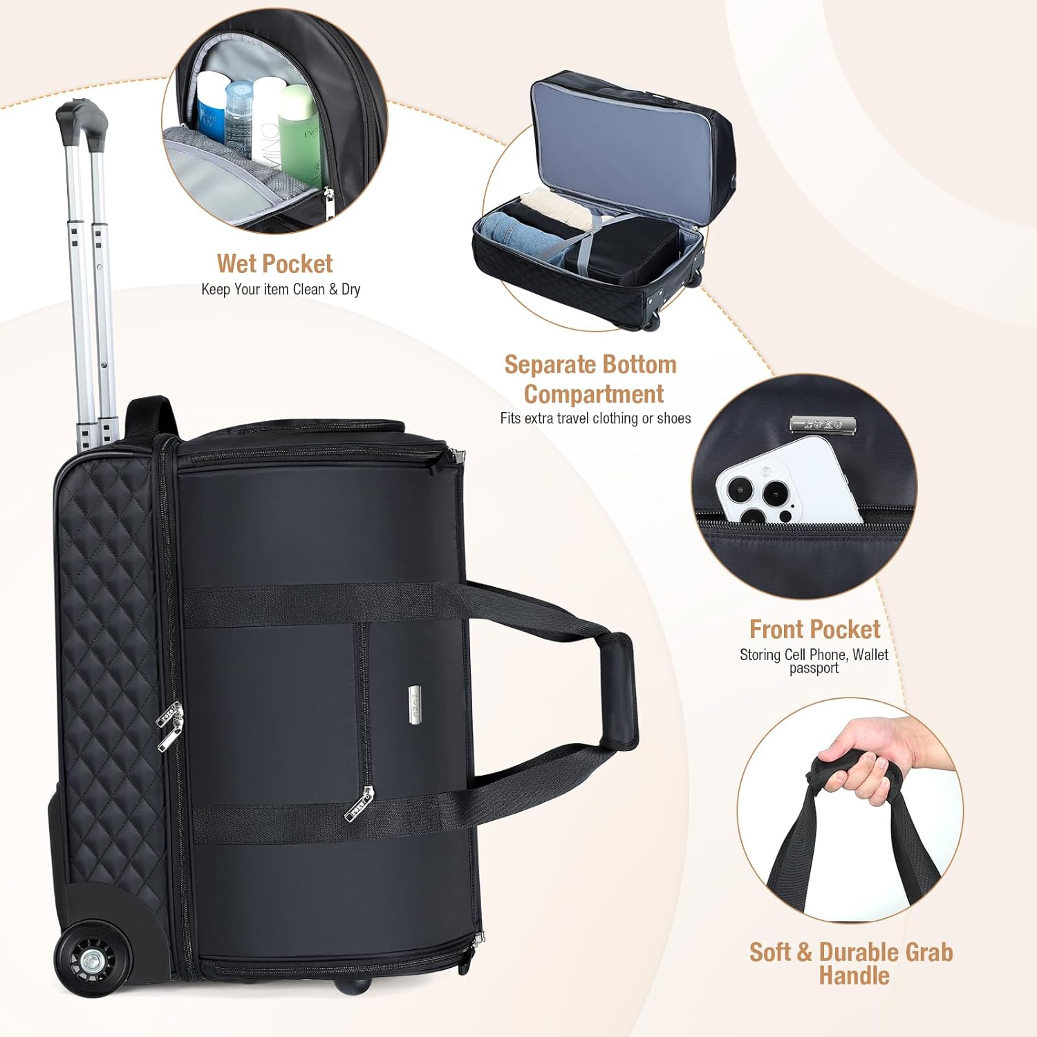 Rolling Garment Bag for Travel - Convertible Duffel Bag with Wheels & Shoes Compartment, Carry on Suit Luggage Bag with Trolley for Business Trip, Wedding, Weekender - Image 3