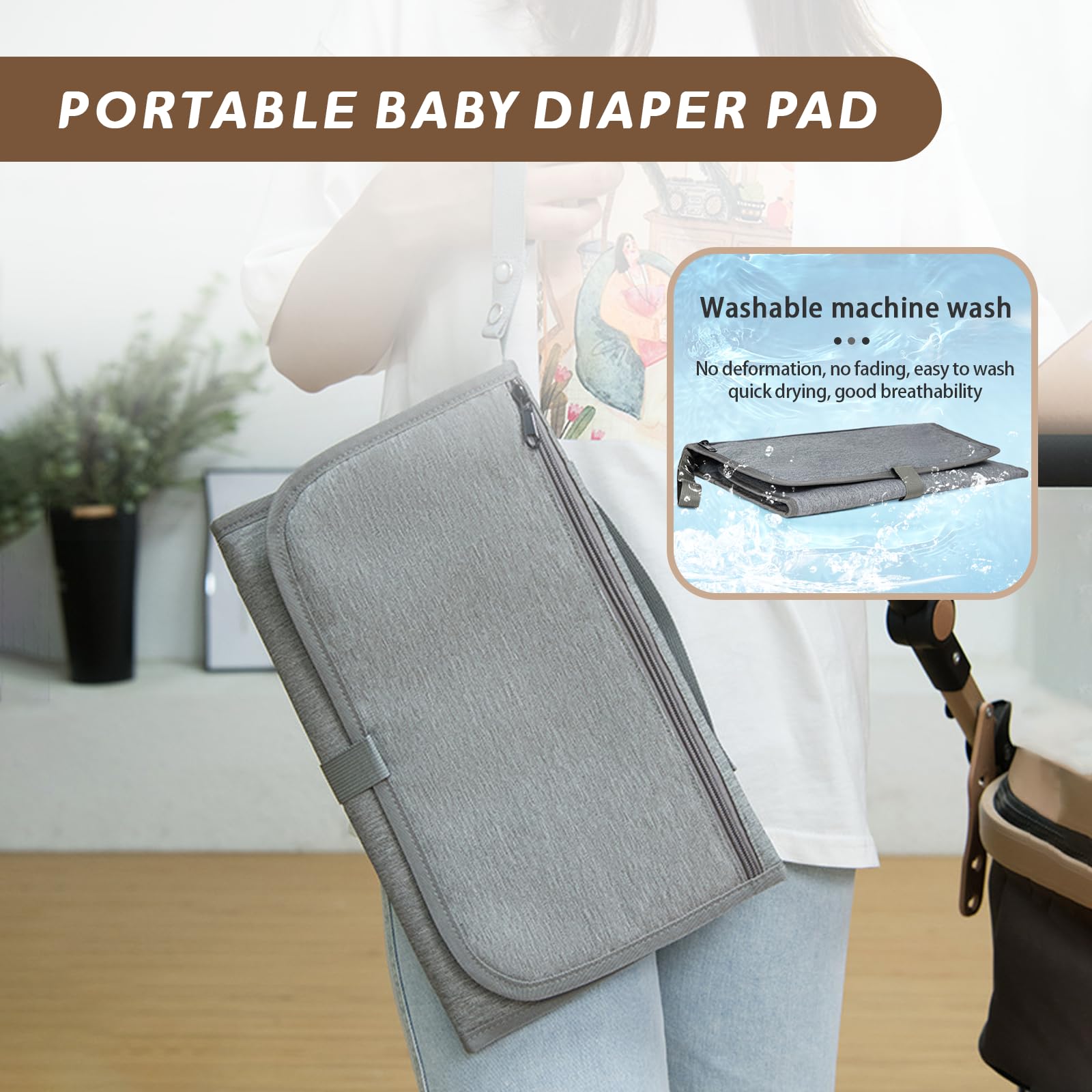 Borsa Pannolini, Multifunzione Sacchetto Pannolino, Diaper Bag con Fasciatoio Portatile, Impermeabile Pannolini Organizzatore per Pannoli Salviette e Piccoli Oggetti, Oxford, 1 Pezzo, Grigio