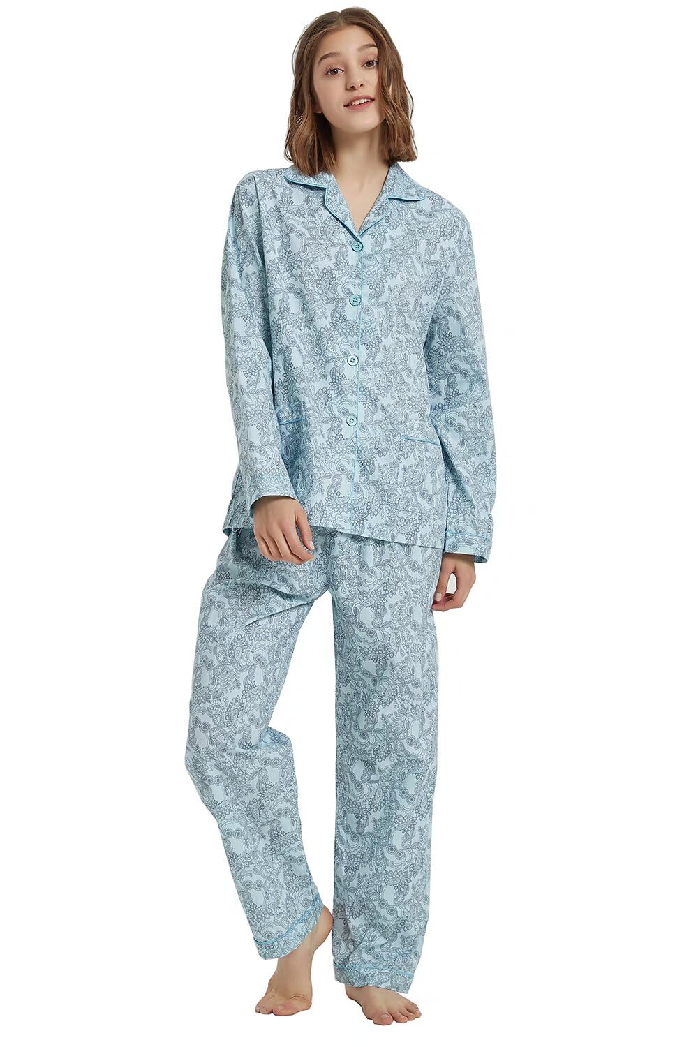 GLOBAL Women Cotton Pajamas Long Sleeve PJs Button Down Sleepwear S-3XL