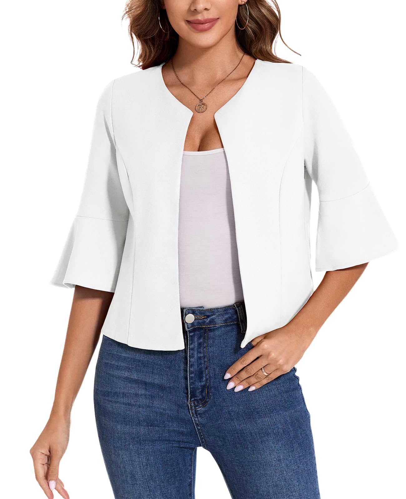 MINTLIMIT Cropped Blazer Suit Jacket for Women Collarless 3 4 Sleeve Blazer Lightweight Open Front Suit Jacket Coat