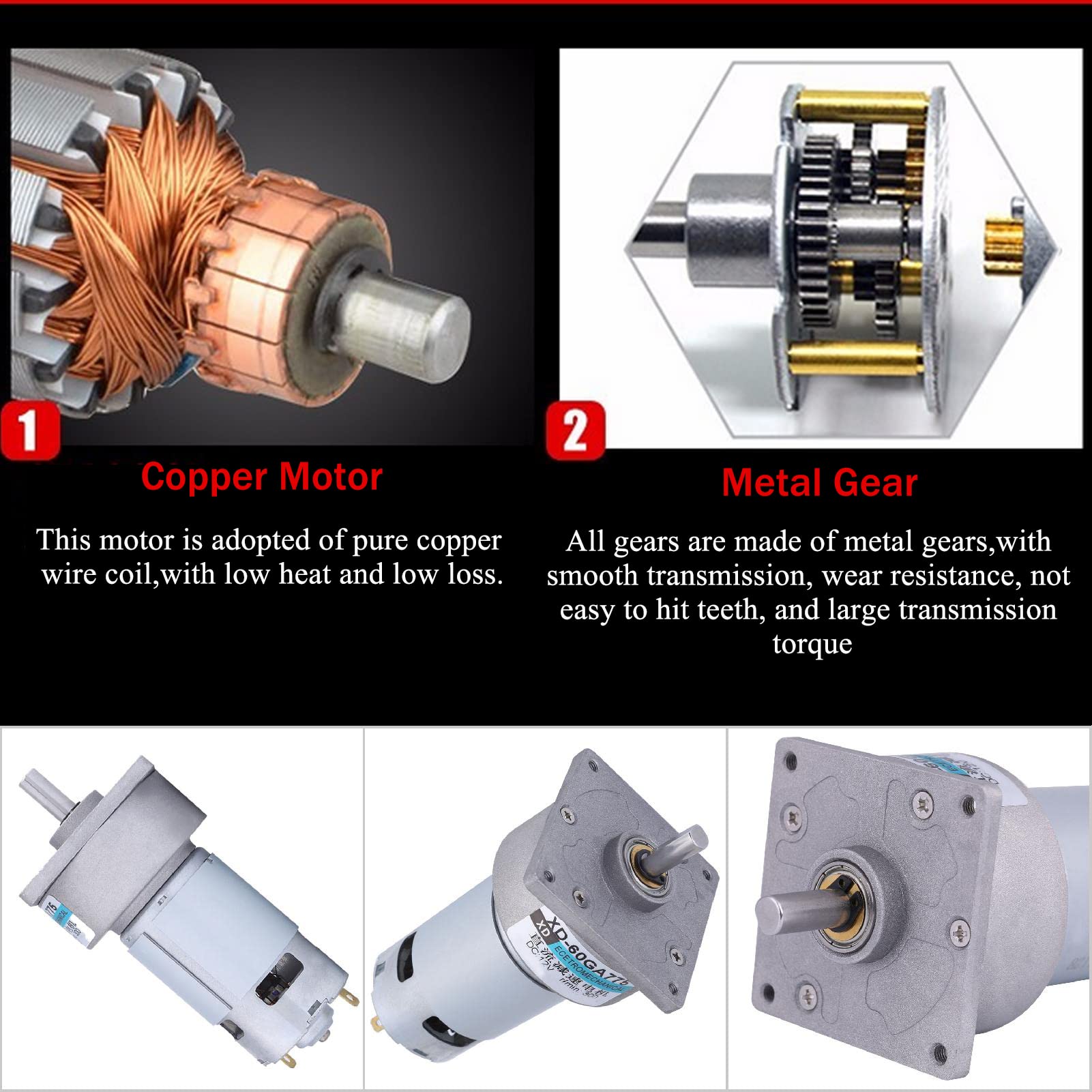 Motor cu angrenaj 60GA775 - 12V/24V, motor puternic de curent continuu