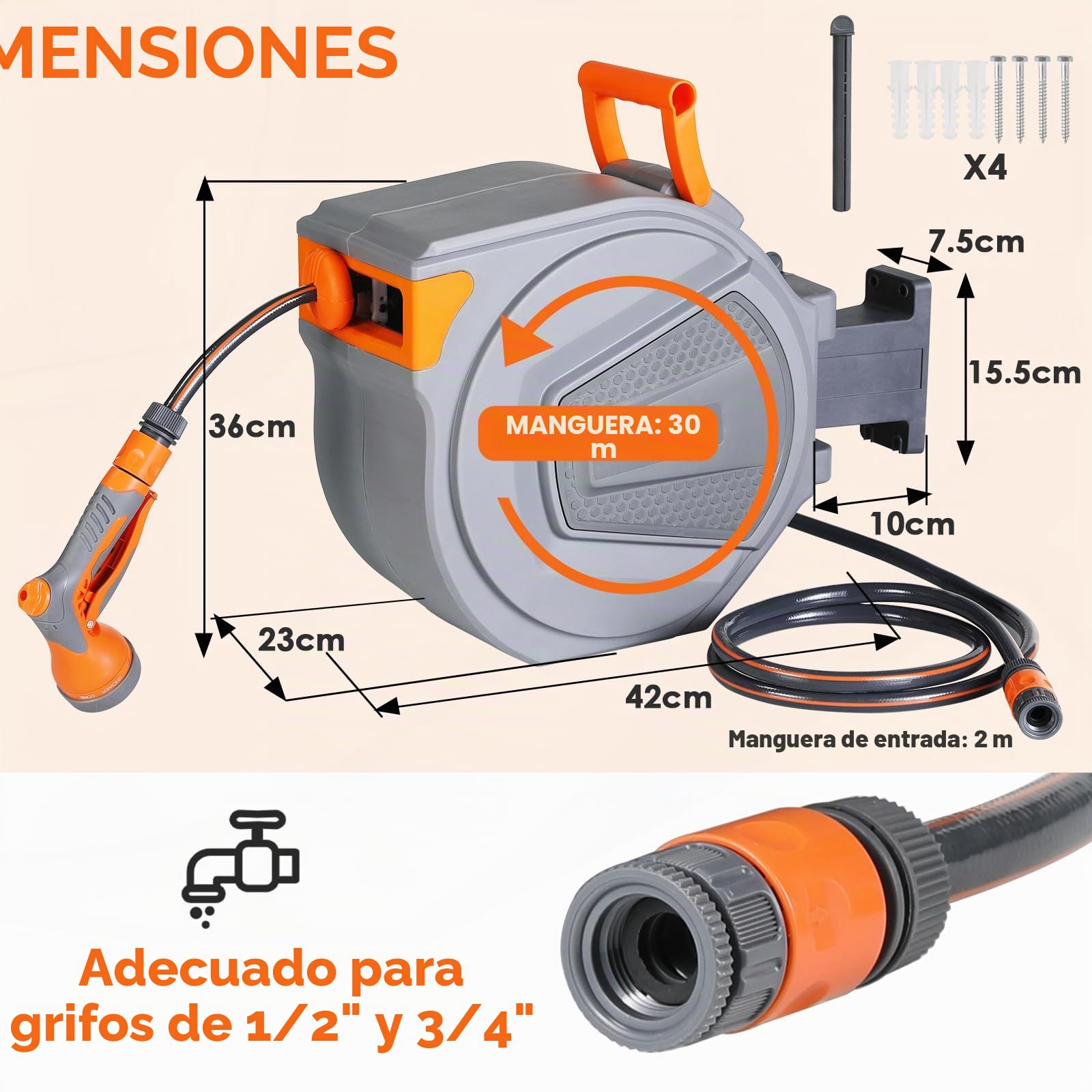 TLGREEN Carrete de Manguera de Pared, Enrollador Manguera Jardin 30+2m, Girable 180°, Manguera Extensible con 9 Modos de Pulverización, 4PCS Clavo, con Enrollador Automática, para Jardín, Garaje