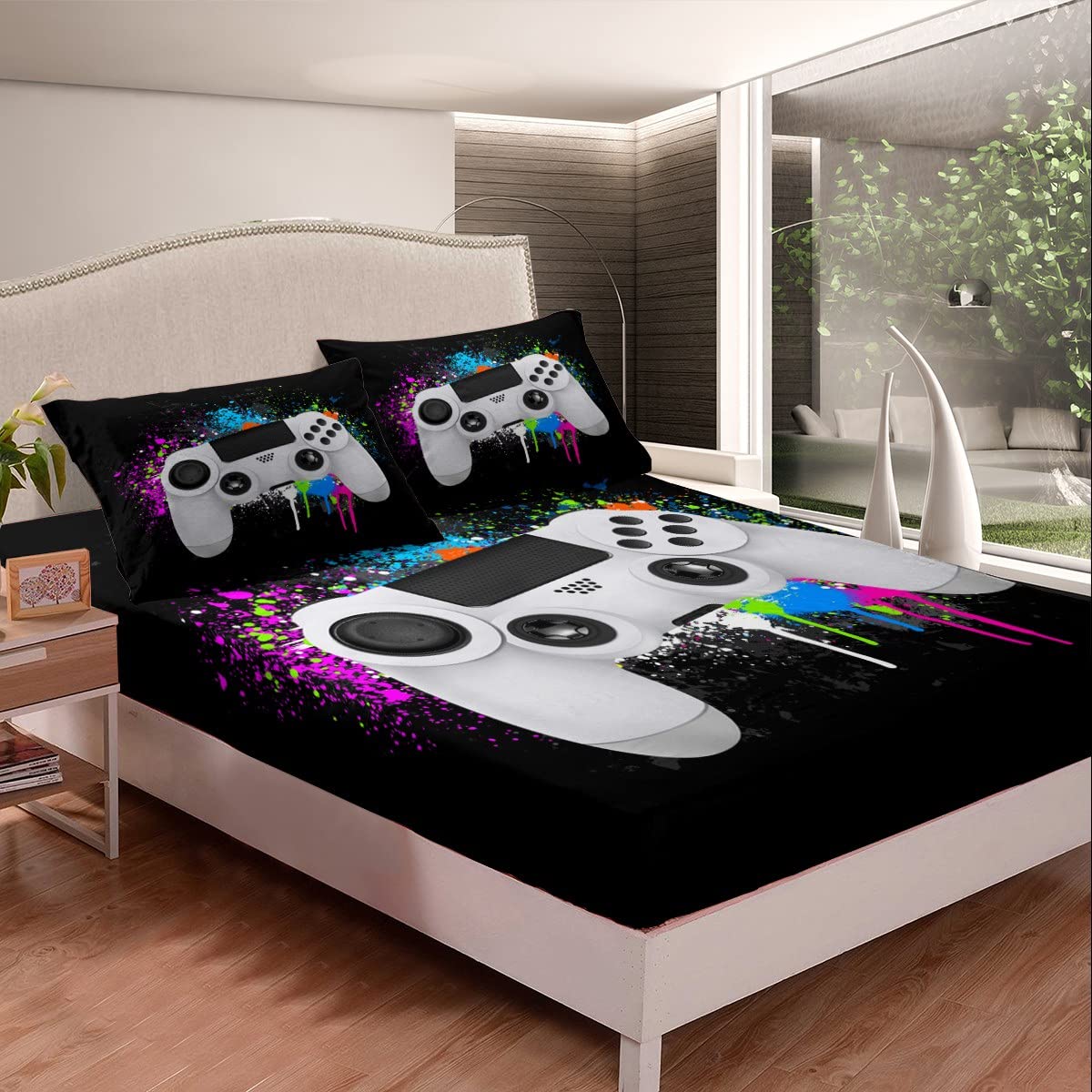 Loussiesd Luxury Gamepad Fitted Sheet 100% Microfiber Breathable Colorful Tie Dye Only Bedsheet No Pillowcases Fitted SheetsDouble(135x200+30cm)