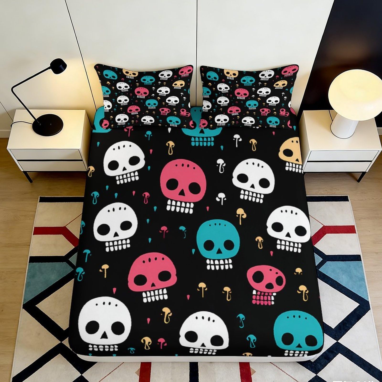 Kzqjxnhpcr Style-2 3D Printed Colourful Skull Fitted Sheet Microfiber Deep Pocket Bedroom Bedding Colourful Skull Mattress Fitted Cover Non-Slip Wrap 90X200x25cm 90X200x25cm