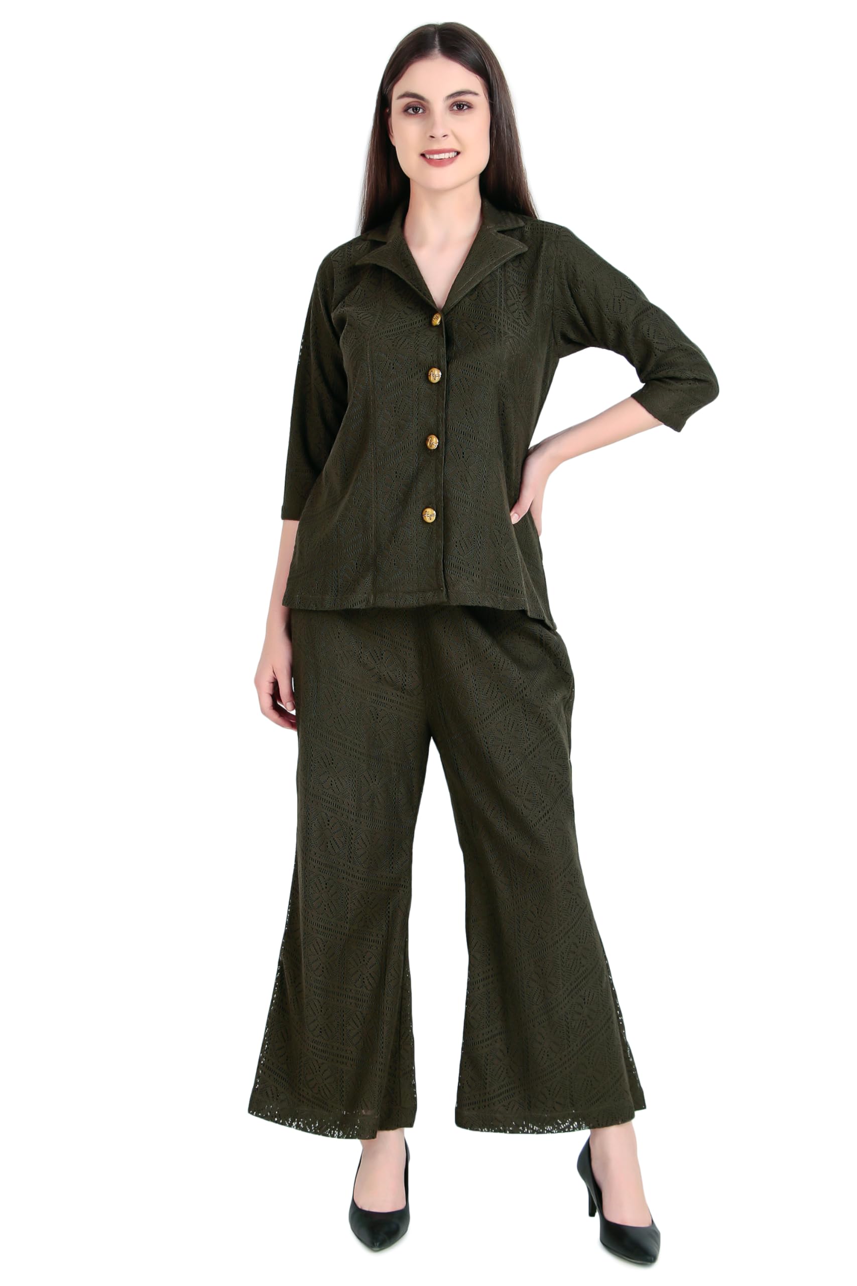 fashmita apparels Women's Textured Lace Two-Piece Set, Olive Green, 3/4 Sleeve Button-Down Top with Wide-Leg Pants, Formal Wear-picture-38