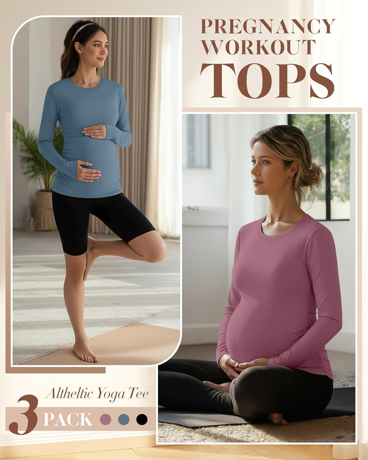 3 Pack Women's Maternity Athletic Yoga Shirts Pregnancy Long Sleeve Side Ruched Tops Casual Crew Neck Basic Tee - Image 3