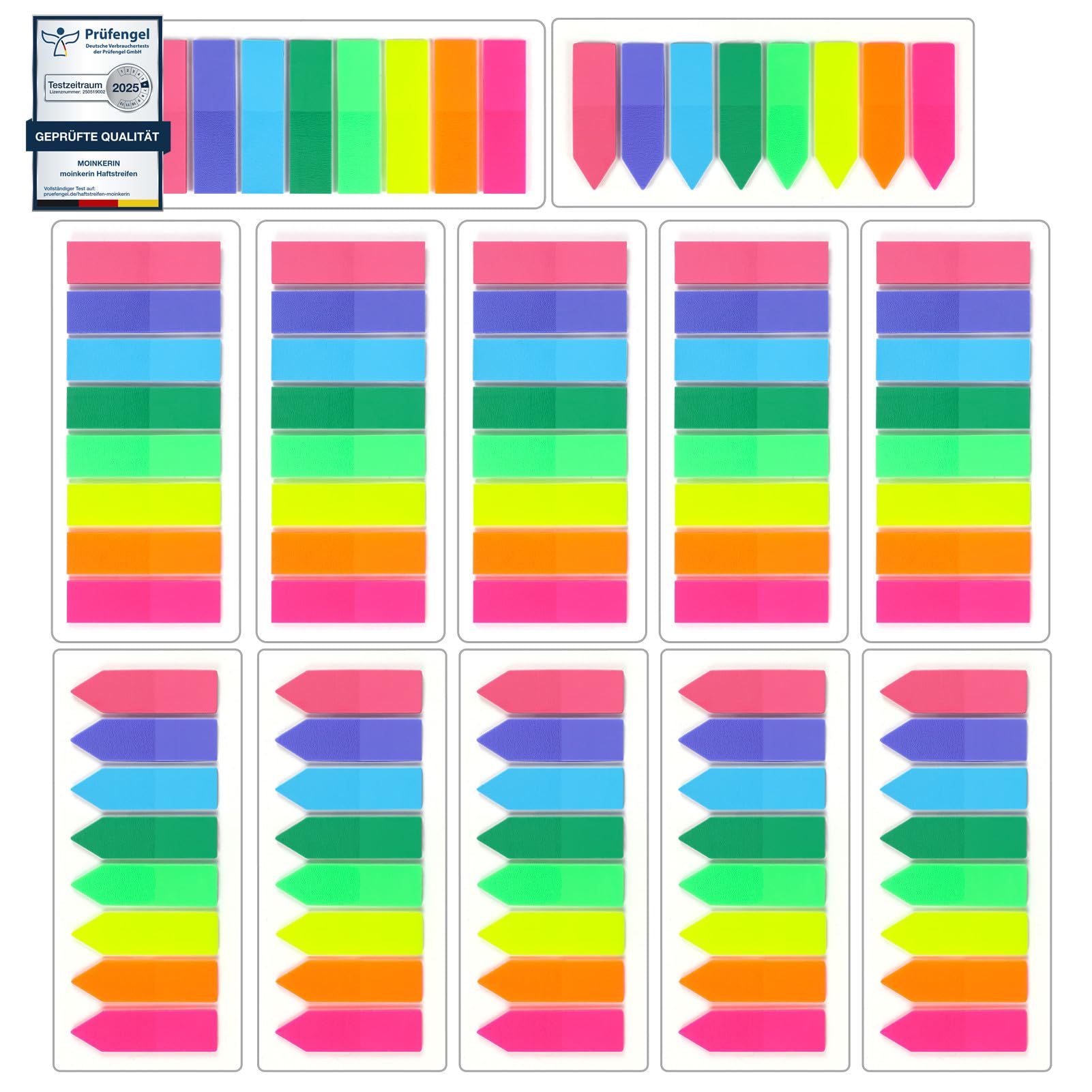 moinkerin Side Markers, Pack of 1920, Self-Adhesive Strips, Transparent PET, Sticky Notes, Page Markers, Index Labels, Writable and Repositionable, 2 Designs in 8 Neon Colours, for School and