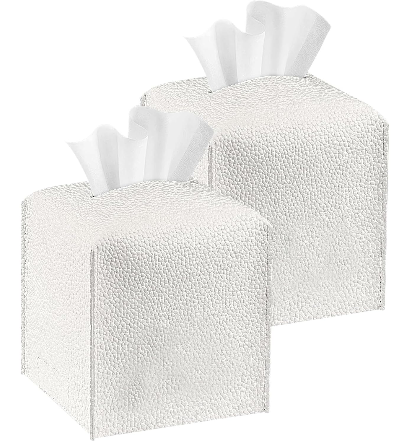BananaHome 2Pack Tissue Box Cover, Refined Modern PU Leather Square Holder - Decorative Holder/Organizer for Bathroom Vanity Countertop, Night Stands,Tabletop, Car, Office Desk & Car (5"X5"X5", White)
