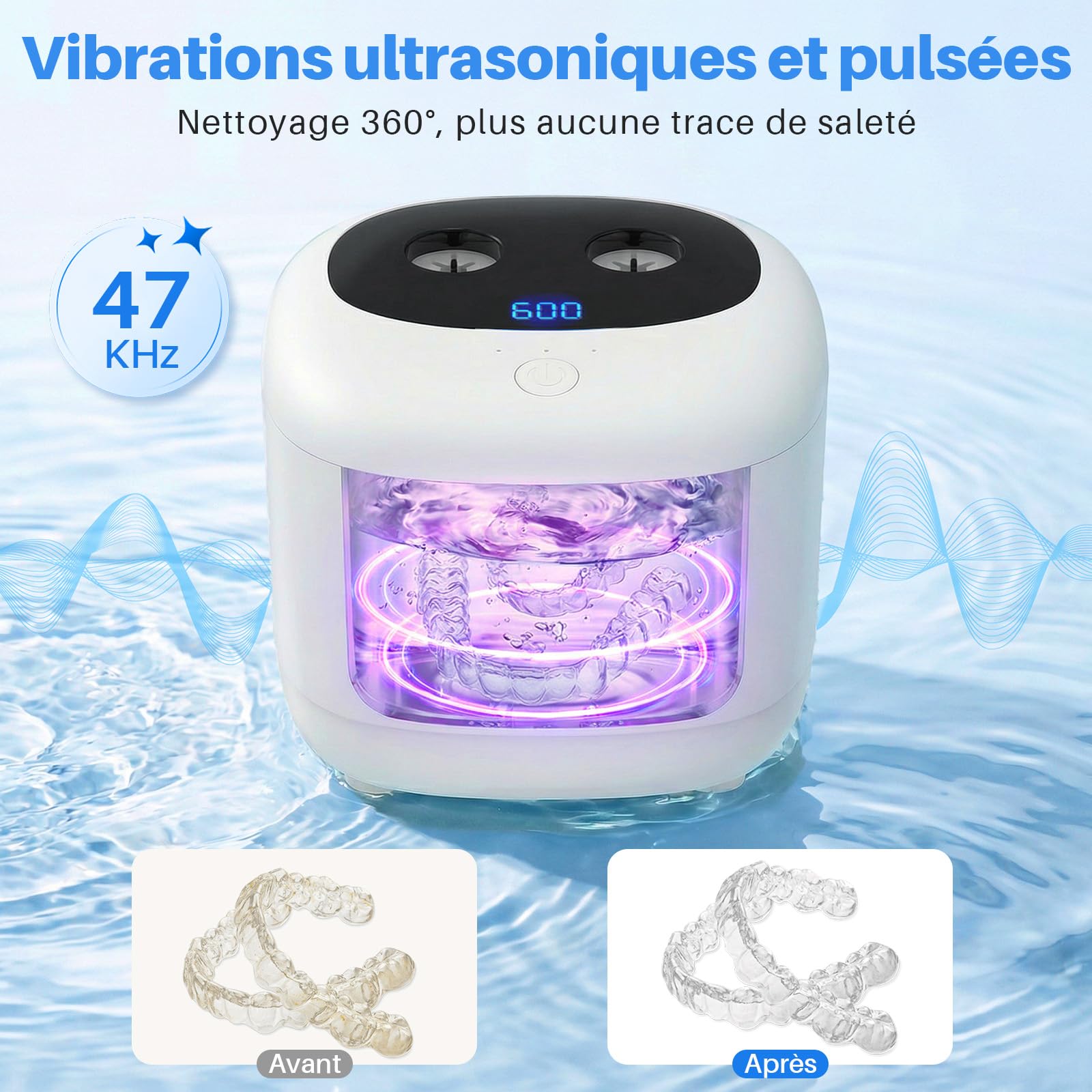 Nettoyeur Ultrasons 47KHz 200ml pour Appareil Dentaire, Aligneurs, Bijoux