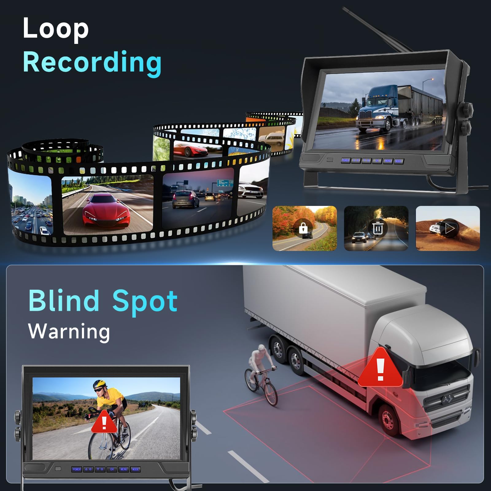 Hodozzy 9 Zoll IPS Monitor Digitales Kabellos Rückfahrkamera Set, mit Toter-Winkel-Warnung, Wasserdicht Rückfahrkameras Funk 2 Kameras Aufzeichnung, Nachtsicht, LKW/Anhänger/PKW/Wohnmobil 12V 24V