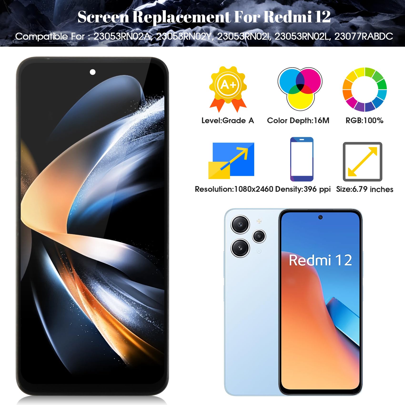 Per Xiaomi Redmi 12 5G Schermo LCD di Ricambio Per Xiaomi Redmi 12 5G 23076RN4BI, 23076RN8DY Display Touch Screen Digitizer Assembly Kit di Riparazione (Nero, Con Telaio)