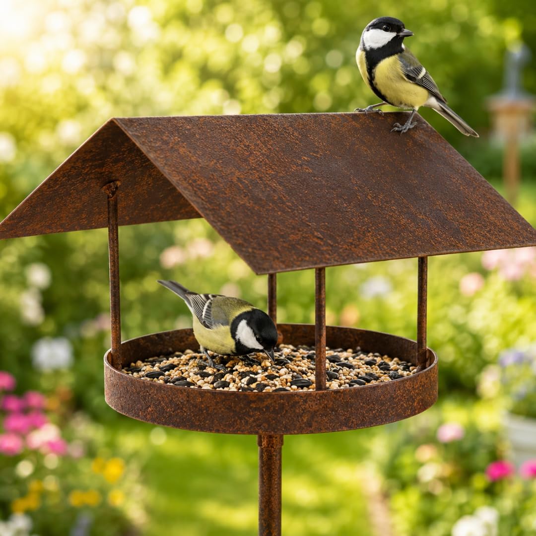 Metall Vogelhaus mit Ständer wetterfest 157 cm hoch als Gartendeko für draußen im Garten I Vogelhaus I Vogelhäuschen I Terrasse I Vogelfutterstation I Vogelfutterstation I Bird Feeder