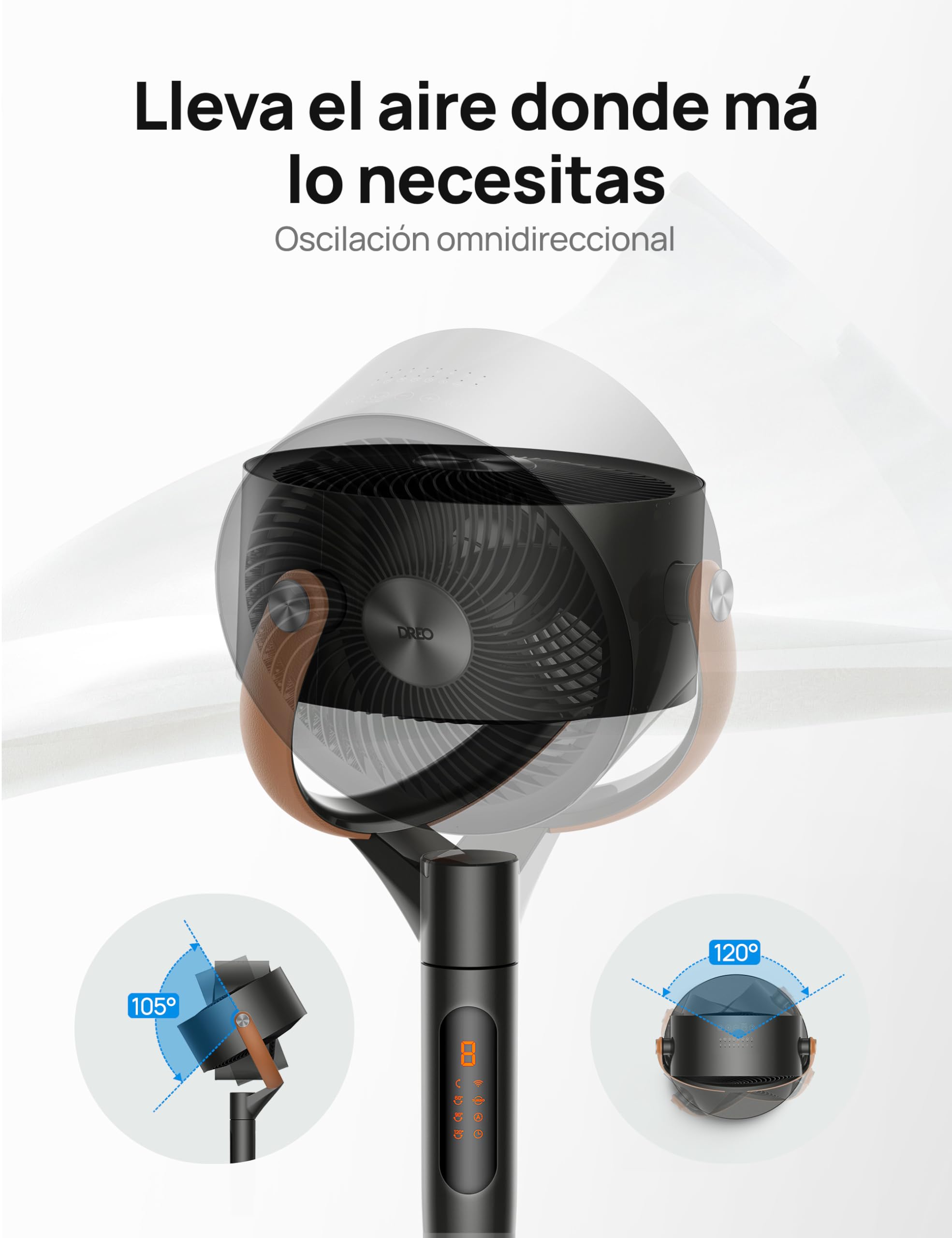 Dreo Smart Ventilador de Pie Silencioso 25dB, 30M de Viento, 1650m³/h Volumen de Aire, Turbo Circulador, Ventiladores Potentes con Mando, 6 Modos, 8 Velocidades, Oscilación Omnidireccional 120°+105°
