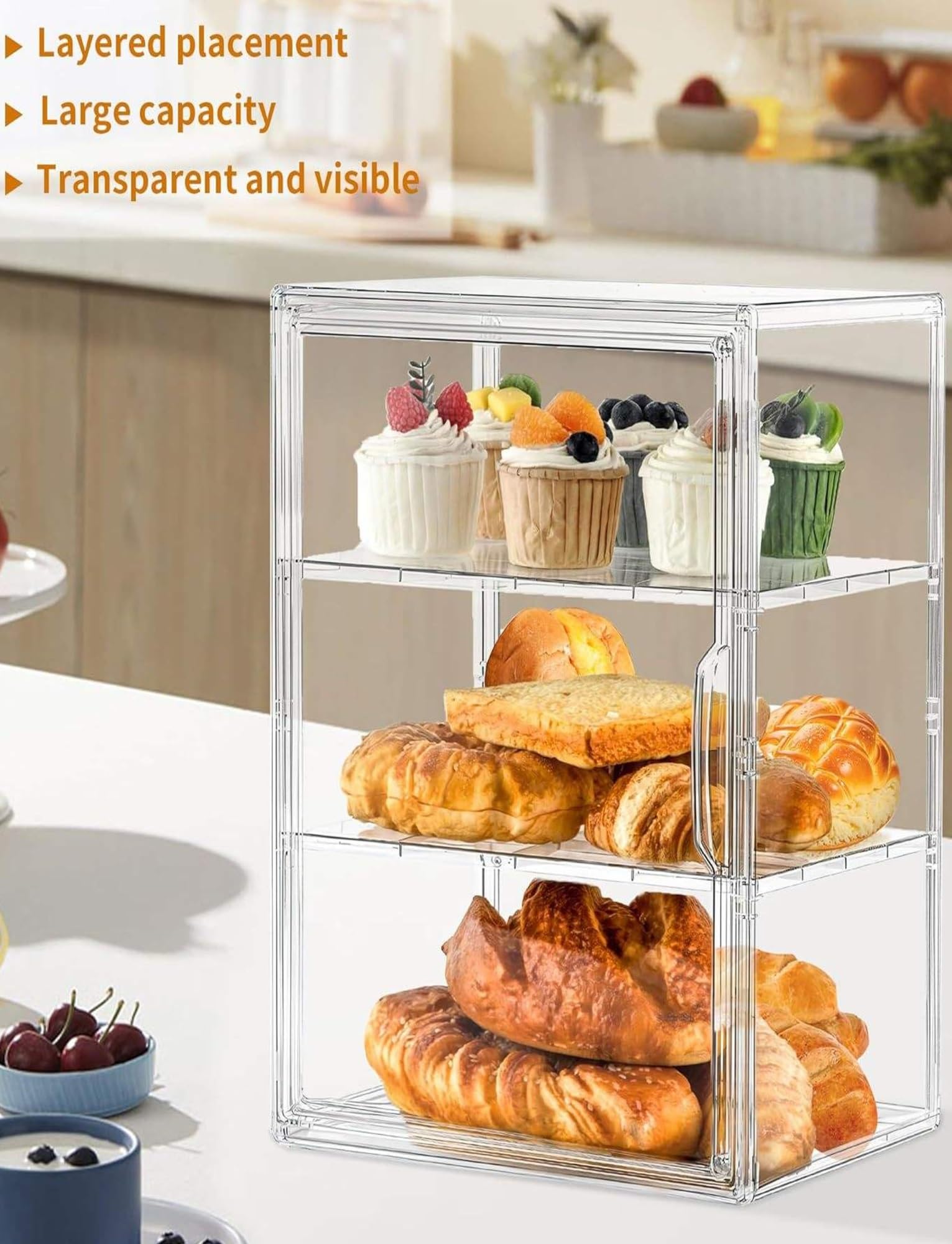 Vetrina per pasticceria in acrilico trasparente, armadietto da banco con porta, espositore per dessert per uso commerciale in bar, panetteria, cucina domestica