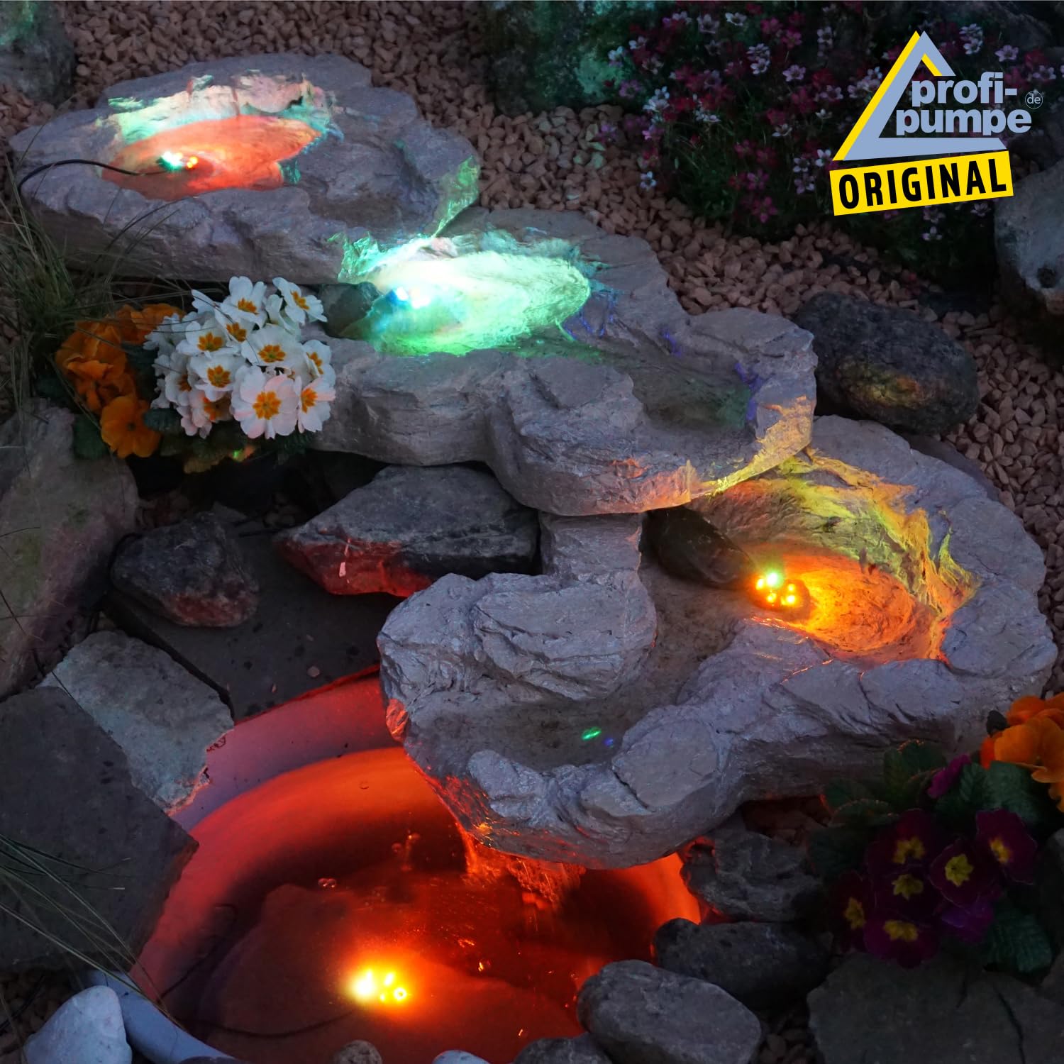Quell-Kaskade BACHLAUF QUELLBACH II mit LED, 230V, Wasserkaskade Wasserfall Bachlaufschale Wasserspiel - Quellschale in Natursteinoptik für Garten, Gartenteich, Teich, Vogelbad