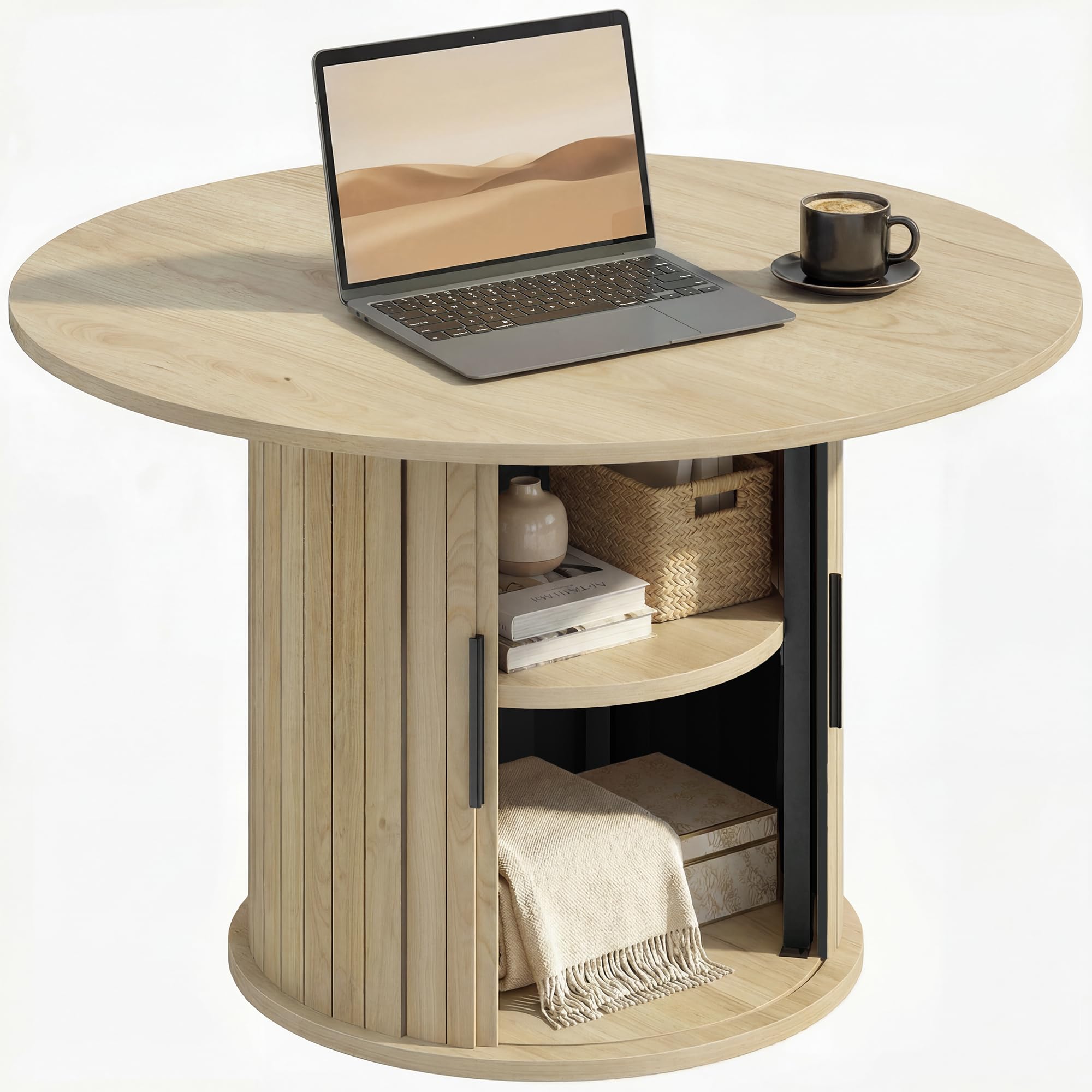 HOMCOM Table Basse Ronde, Table de Salon avec Rangement, Porte coulissante à Lattes, 2 étagères, Patins en Feutre, Style Moderne, pour Salon, Bureau, Ø 80 x 50 cm, Effet Bois Naturel