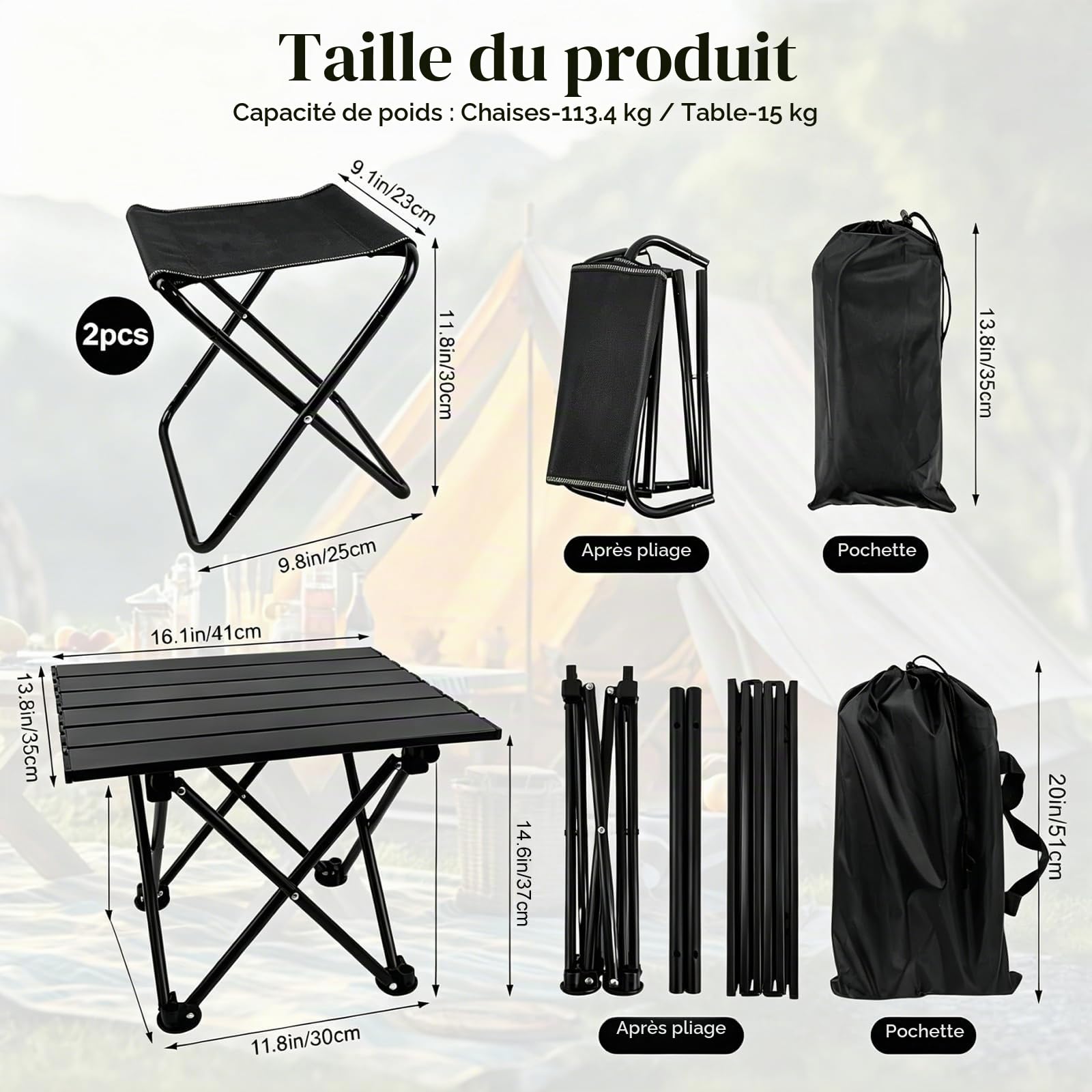 Table de camping pliante avec chaises - Pique-nique légère pour plage, randonnée, voyage, pêche, barbecue - Table robuste et chaises d'extérieur avec sacs de rangement