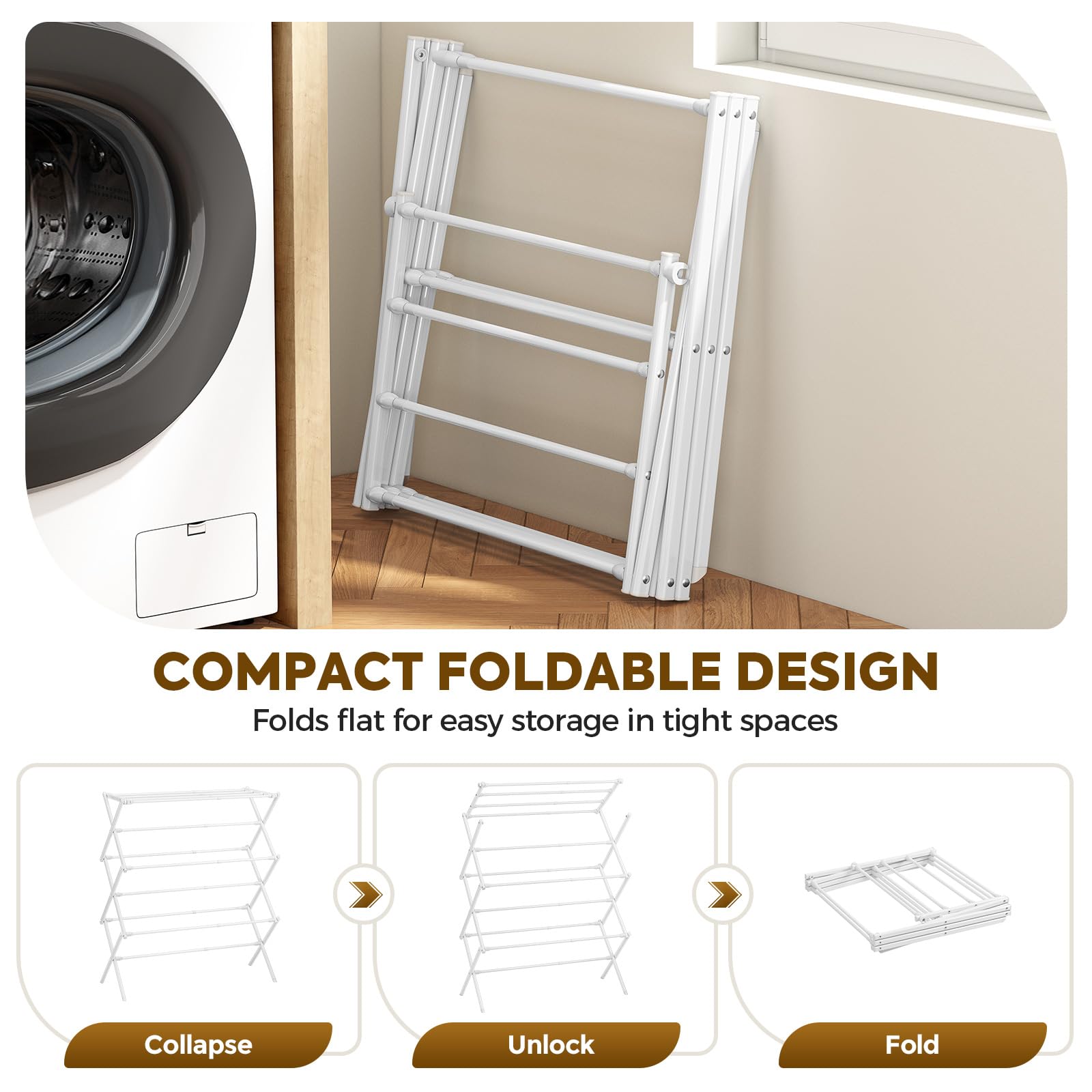 KINGBOARD Stendibiancheria pieghevole, con 11 aste, a 3 livelli, piccolo stendibiancheria pieghevole, per vestiti dei bambini, asciugamano per calzini, capacità 11,3 kg, bianco