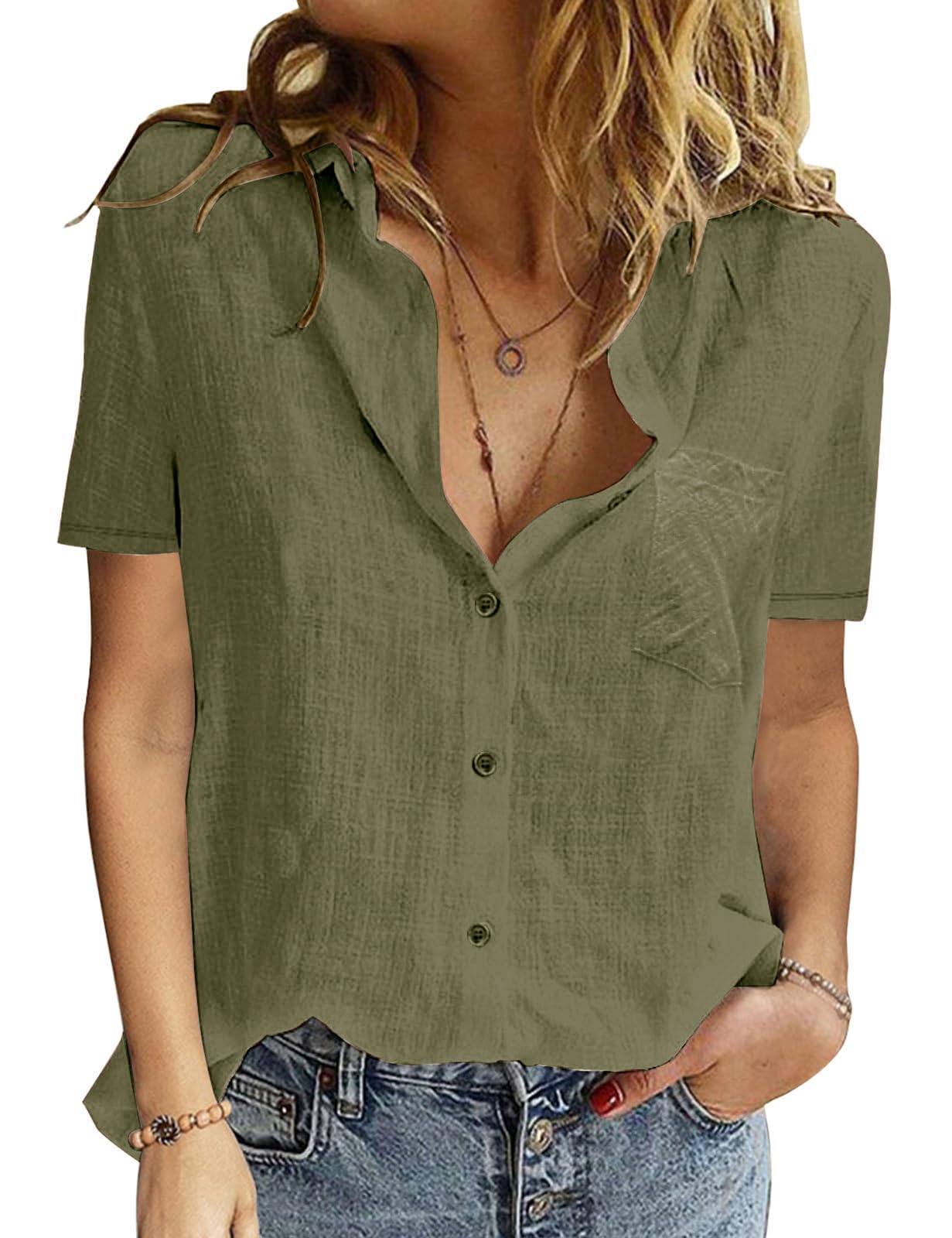 PASUDA Damen Bluse Sommer Elegant Baumwolle Leinen Hemd Kurzarm Oberteile V-Ausschnitt Button-Down Blusen Casual Hemdbluse Basic Revers Shirts Tunika Tops