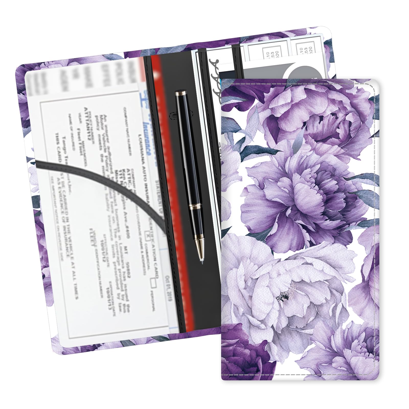 ADUQLZUX Leather Car Registration and Insurance Card Holder, Cute Car Accessories Vehicle Glove Box Car Organizer for Documents, Cards, License Cute Purple Flowers