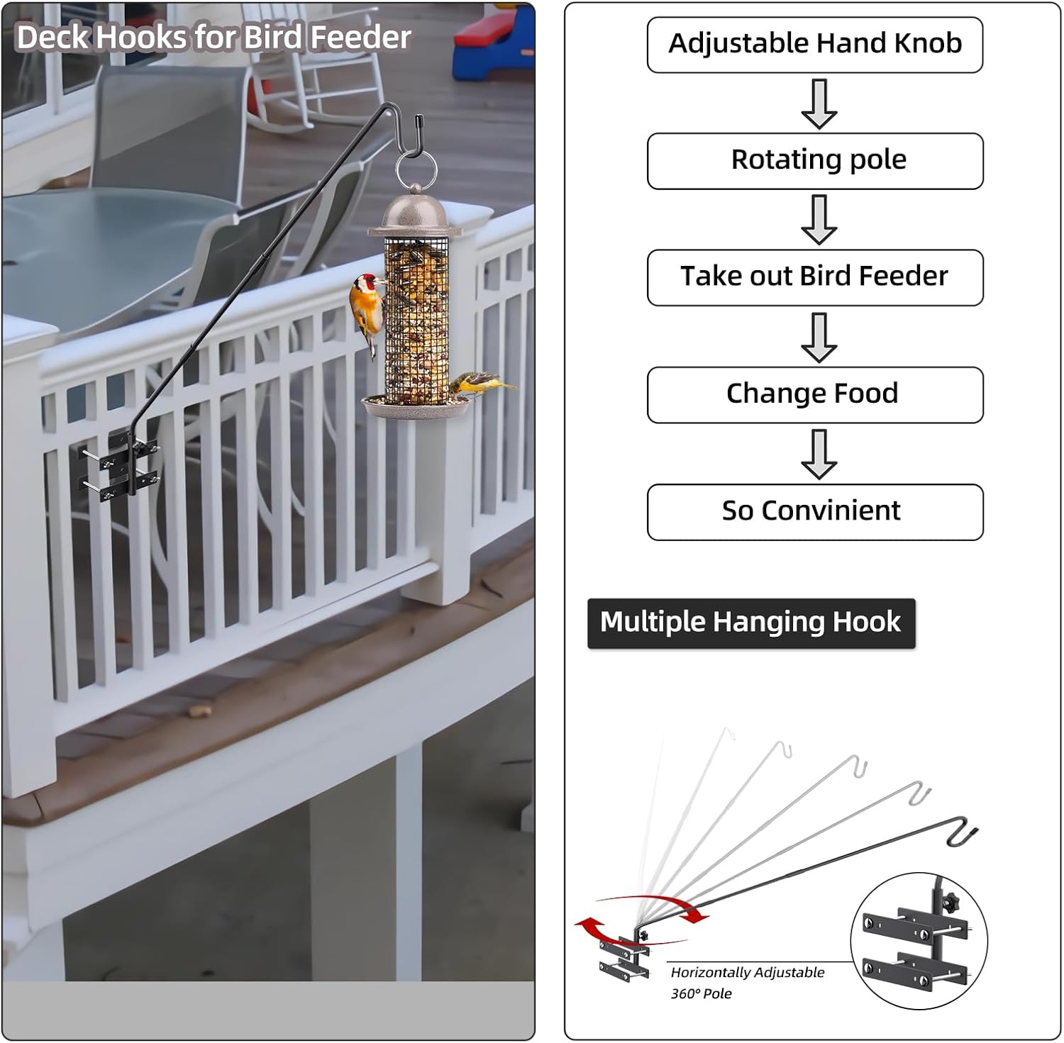 Deck Hook-Deck Railing Plant Hanger Outdoor,Bird Feeder Hanger for Deck Railing W/Double Clamps, Fence Shepherds Hooks Bracket for Hanging Hummingbird Feeder,Planter,Flower Baskets-360°Rotating Pole