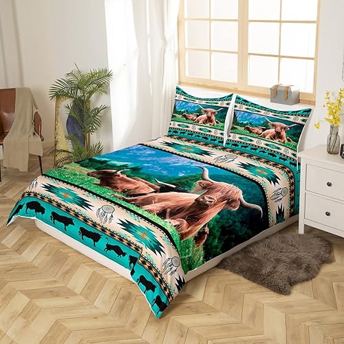 Miniatura 2 de Juego de funda de edredón de vaca de las tierras altas, tribu étnica, flecha, cuerno largo, ganado, funda de edredón de animales de granja de