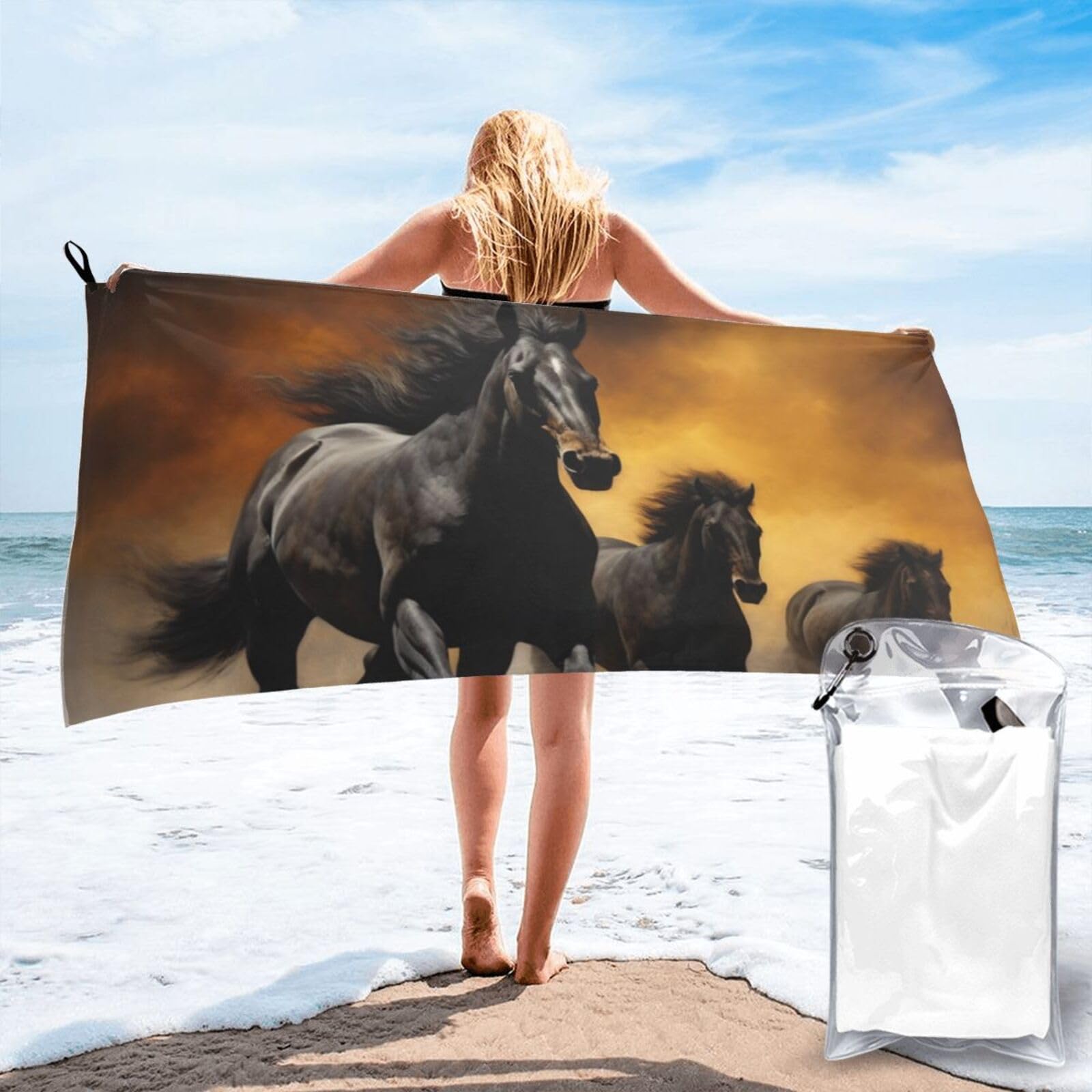 DWVTSLH Microfiber Sand Free Beach Towel 31.5"x63", Quick Dry Absorbent Travel Towel Large Camping Blanket, Running Black Horses Bath Towels Lightweight Pool Swim Towels for Vacation Essentials