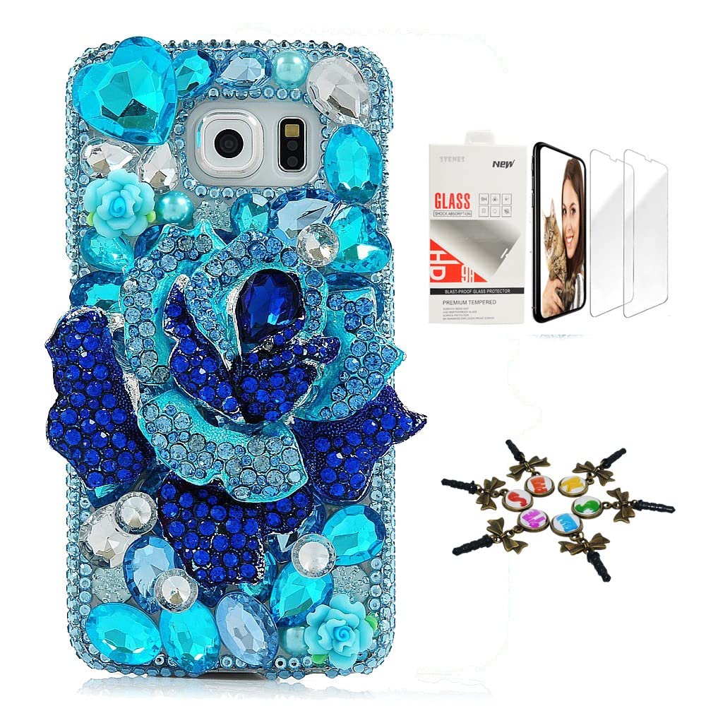 STENES Sparkle Case Compatible with Samsung Galaxy S23 Plus Case - Stylish - 3D Handmade Bling Big Rose Flowers Design Cover Case with Screen Protector [2 Pack] - Blue