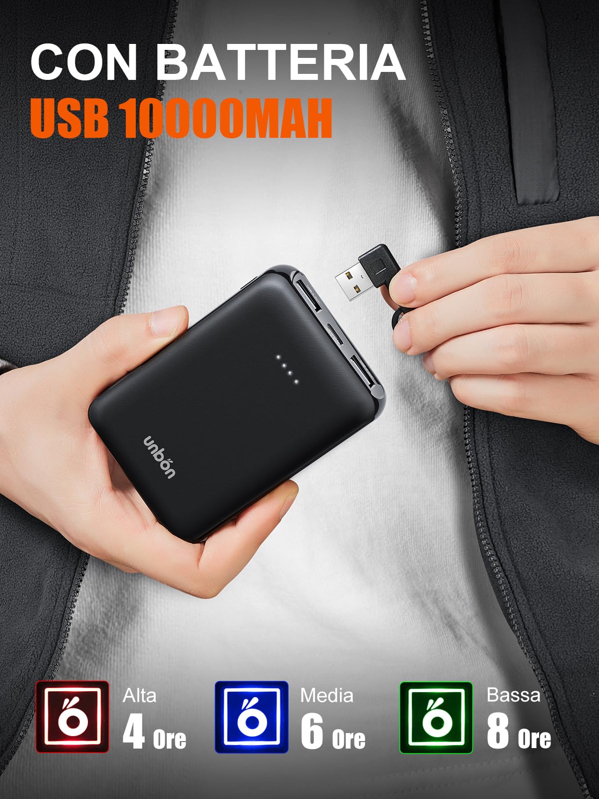 UNBON Gilet Riscaldato Uomo con Batteria USB 10000mAh, Giubbotto Riscaldato Uomo con 3 Temperatura 6 Zone di Calore, Gilet Riscaldante Pile Elettrico, Giacca Riscaldata per Moto Caccia