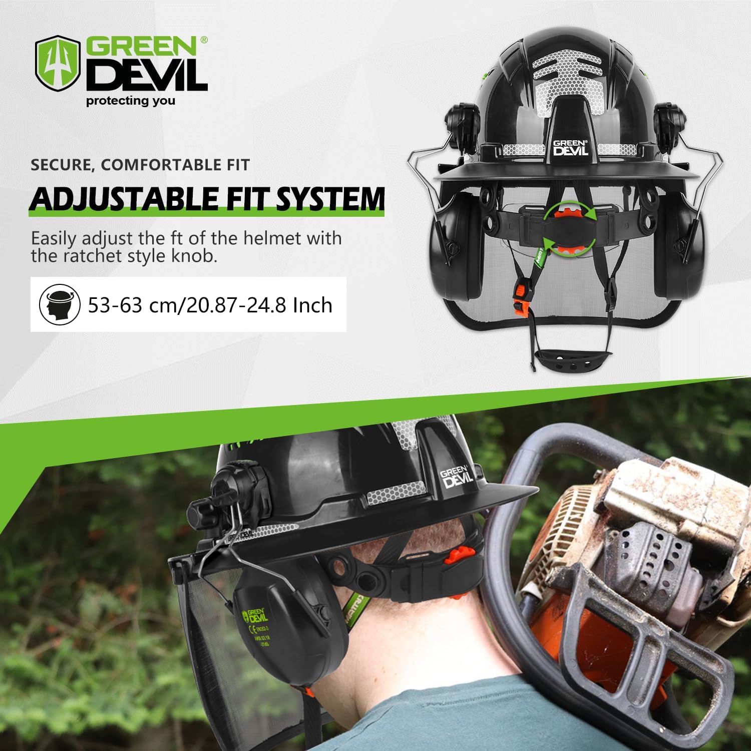 GREEN DEVIL Industrial Chainsaw Helmet with Face Shield Built in Visor and Ear Muffs 4 in 1 System ANSI Z89.1 Safety Hard Hat Adjustable Headgear Ideal for Forestry and Arborist Work Full Brim Style - Image 6