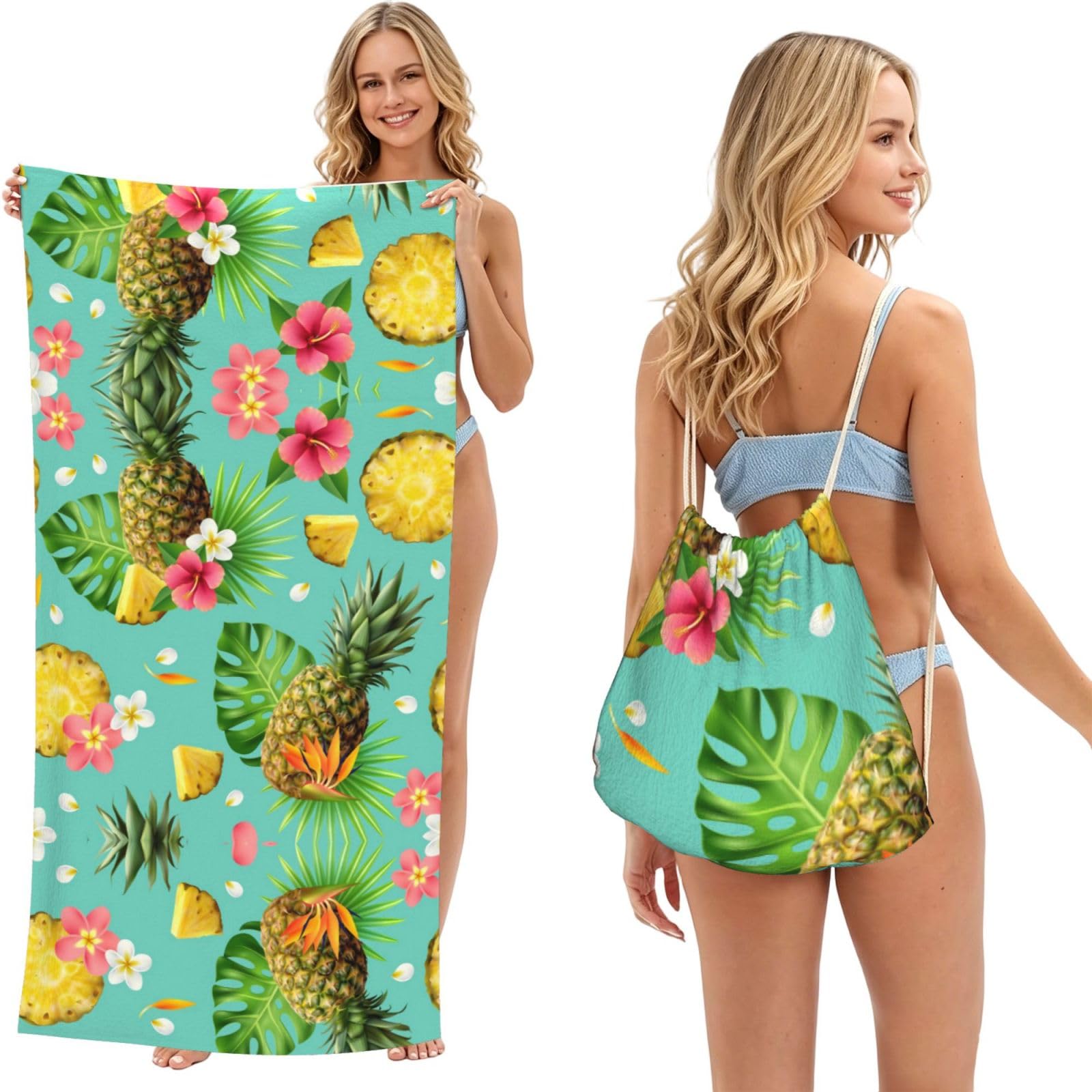 ESNAIUVCD Tropical Pineapple Print Beach Towel For Adults,Towel With Drawstring Bag, Travel Pool Swimming Sports Shower Sand Free Quick Dry Bath Towel For Pool, Beach, Yoga- 180x60cm