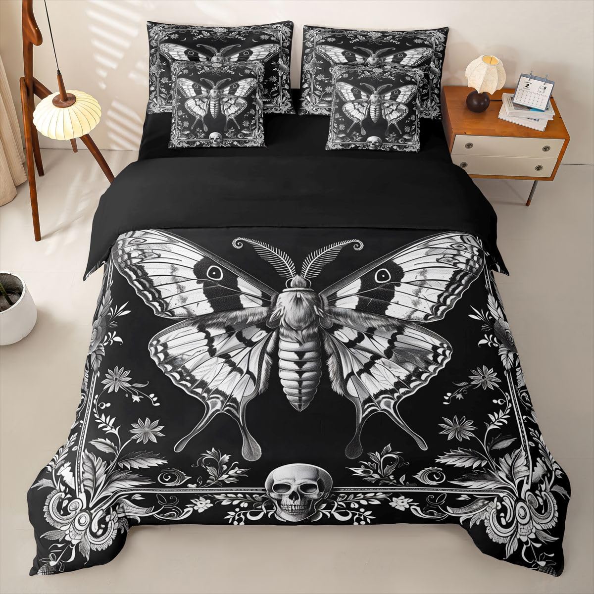 Loussiesd Juego de funda de edredón para cama individual de 7 piezas, color gris y negro, con sábanas, para niños, niñas, polilla de la muerte, cama en una bolsa, decoración de habitación, microfibra