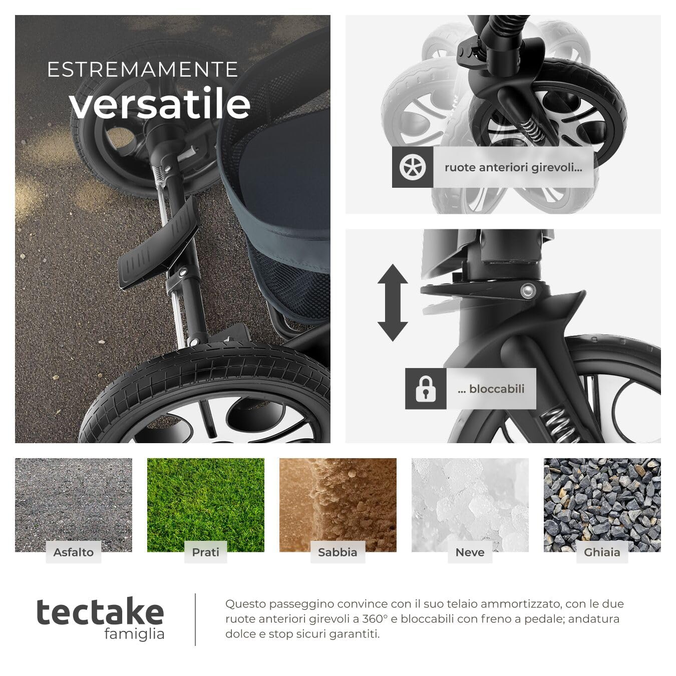 tectake® Passeggino Combinato Pieghevole 2 in 1 Leggero con Cintura a 5 Punti e Freno a Pedale Antracite