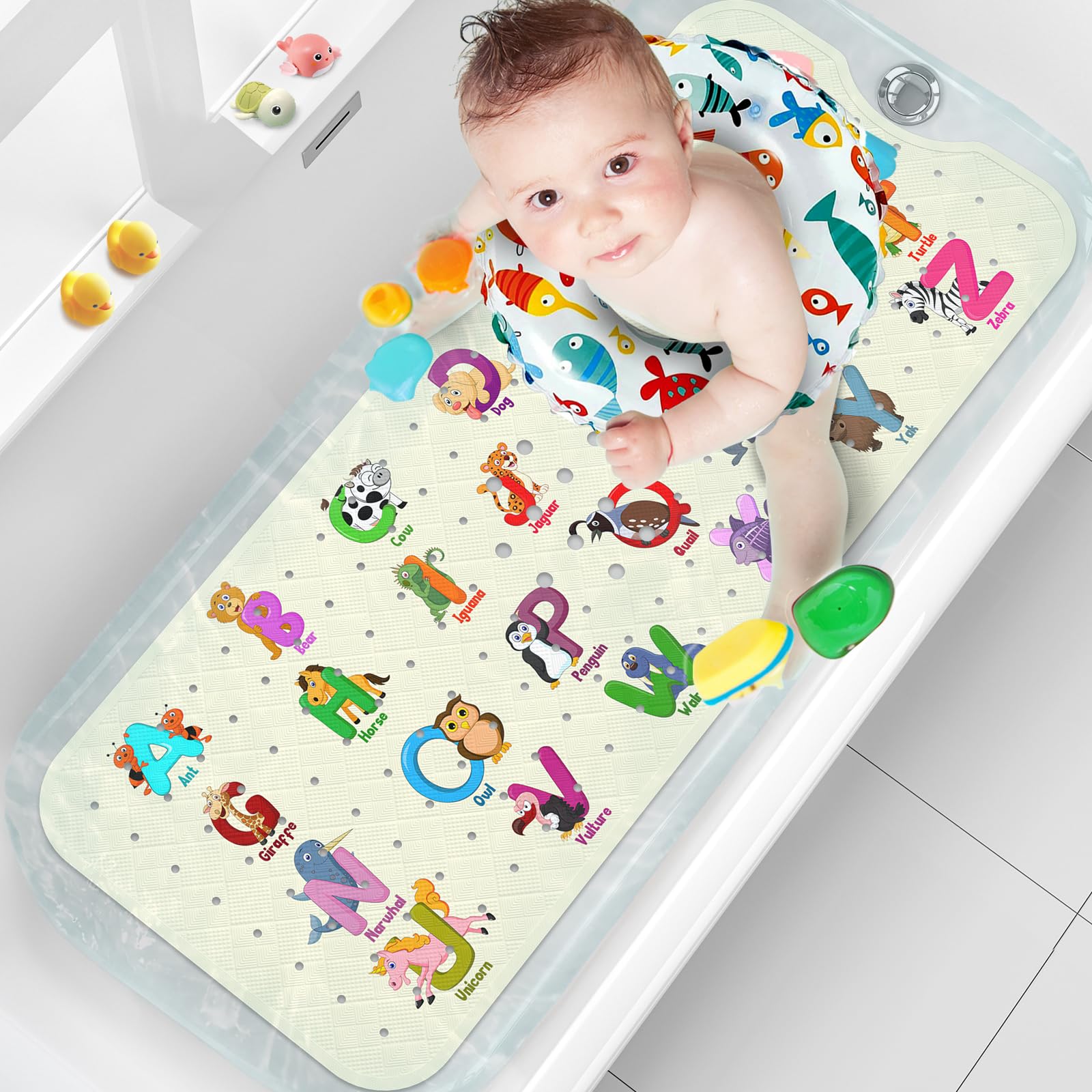 XIYUNTE Baby Bath Mat for Tub Non Slip, 40''x16'' Extra Long Bathtub Mat Non Slip Kids Bath Mat, Safety Kids Bath Tub Mat with Suction Cups and Drain Holes, Machine Washable, Alphabet