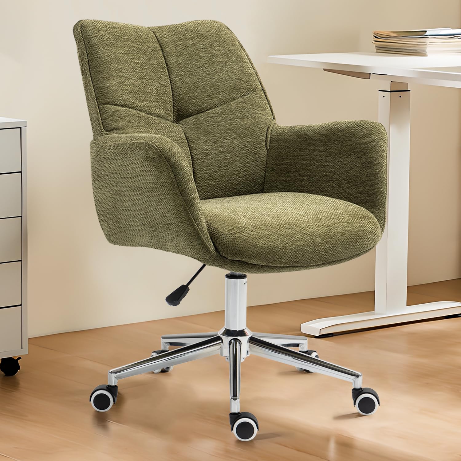 Home Office Desk Chair Swivel Ergonomic Computer Chair with Rolling Wheels, Adjustable Height Accent Armchair Upholstered Chenille for Living Room, Home Office, Study, Make Up, Green