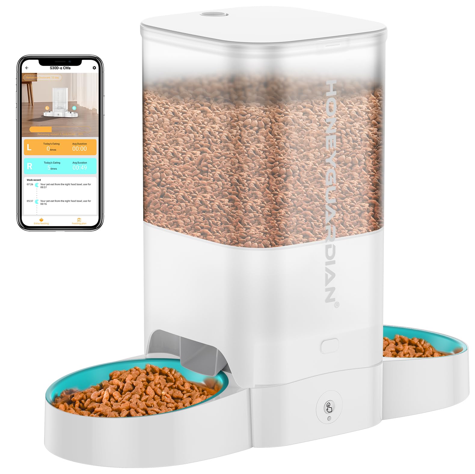 HoneyGuaridan 5L Automatic Cat Feeder for Two Cats, 2.4G WiFi Enabled Smart Feed Pet Feeder with Slow Bowl,APP Control Dispenser, Dual Power Supply,Desiccant Bag,10s Meal Call