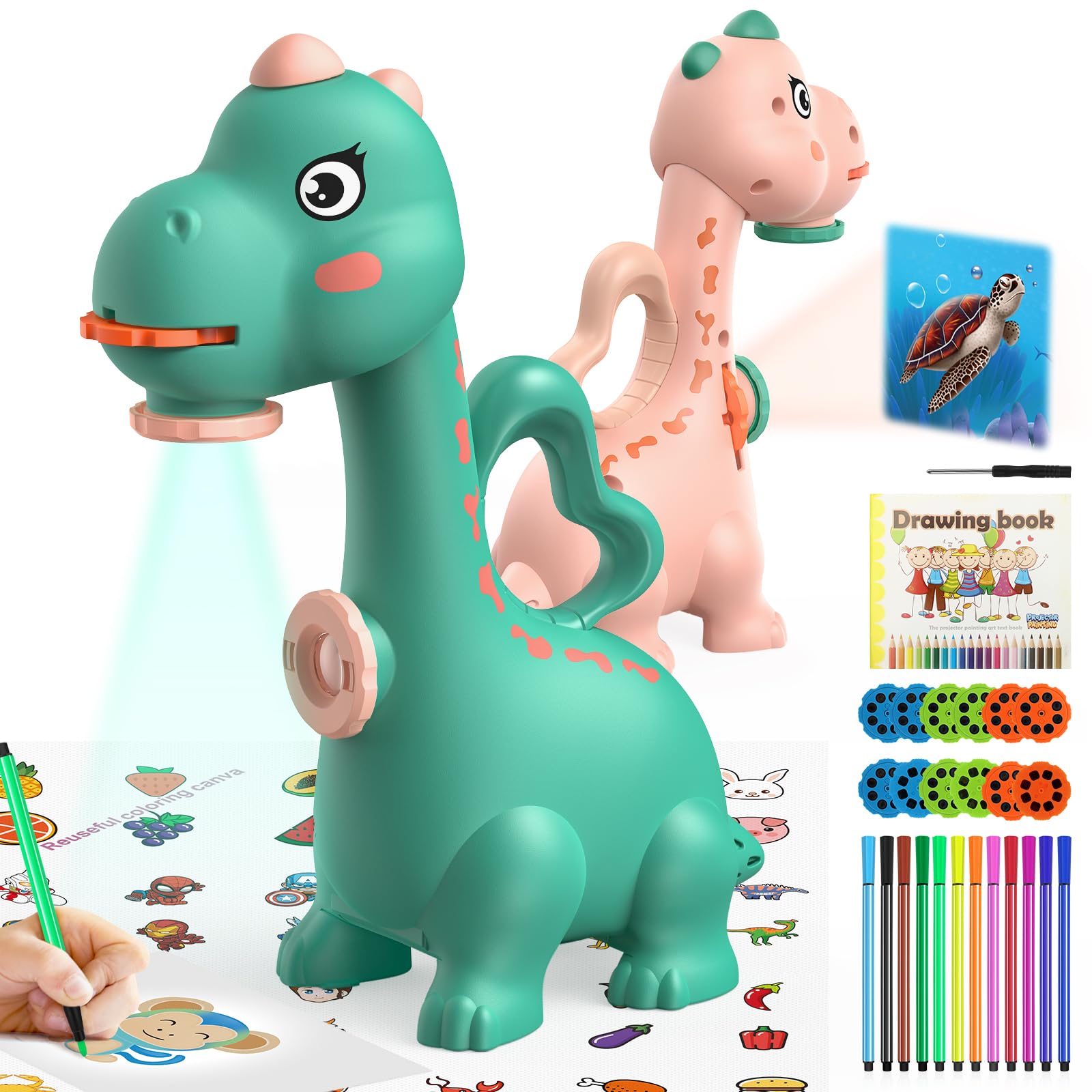 KETIEE Dinosaur Drawing Projector Toys for Ages 5-7 Tracing and Drawing Projector for Kids with Two Projector Heads, Smart Art Sketcher Projector with 96 Stencils, Toddler Toys for Boys (Green)