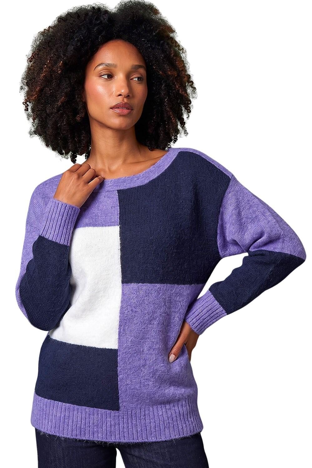Roman Originals Colour Block Knit Jumper for Women UK - Ladies Everyday Autumn Winter Scoop Neckline Comfy Soft Evening Vacation Work Party Night Out