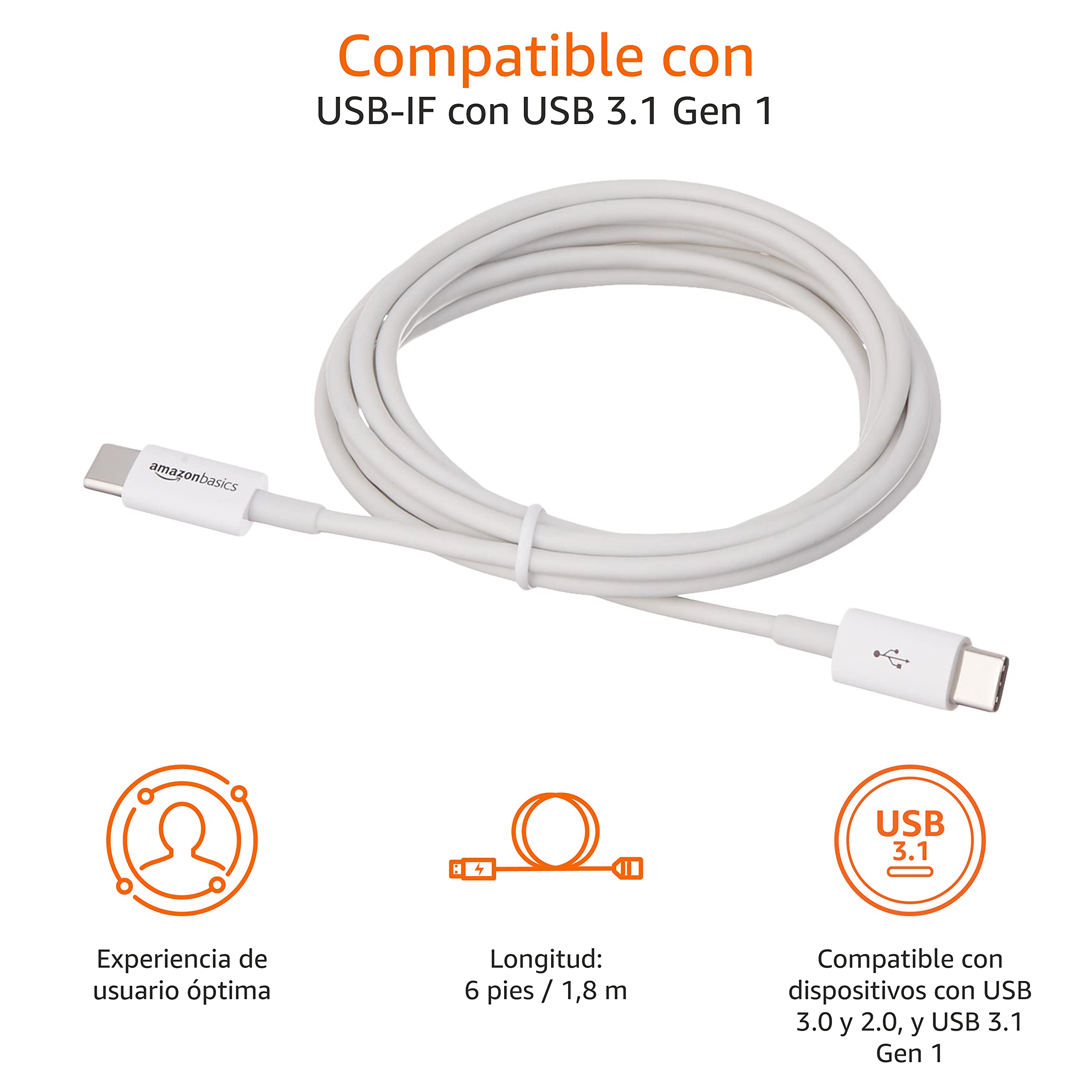 Amazon Basics Cable USB-C a USB-C 480 Mbps certificado USB-IF 1.8 m blanco